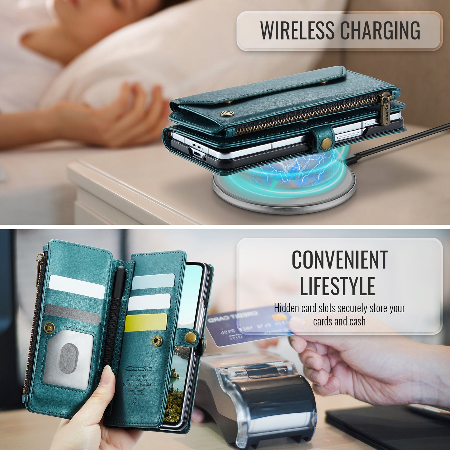 For Samsung Galaxy Z Fold7 5G Leather Case CASEME C36 Zipper 10 Card Slots Phone Cover with Straps - Green