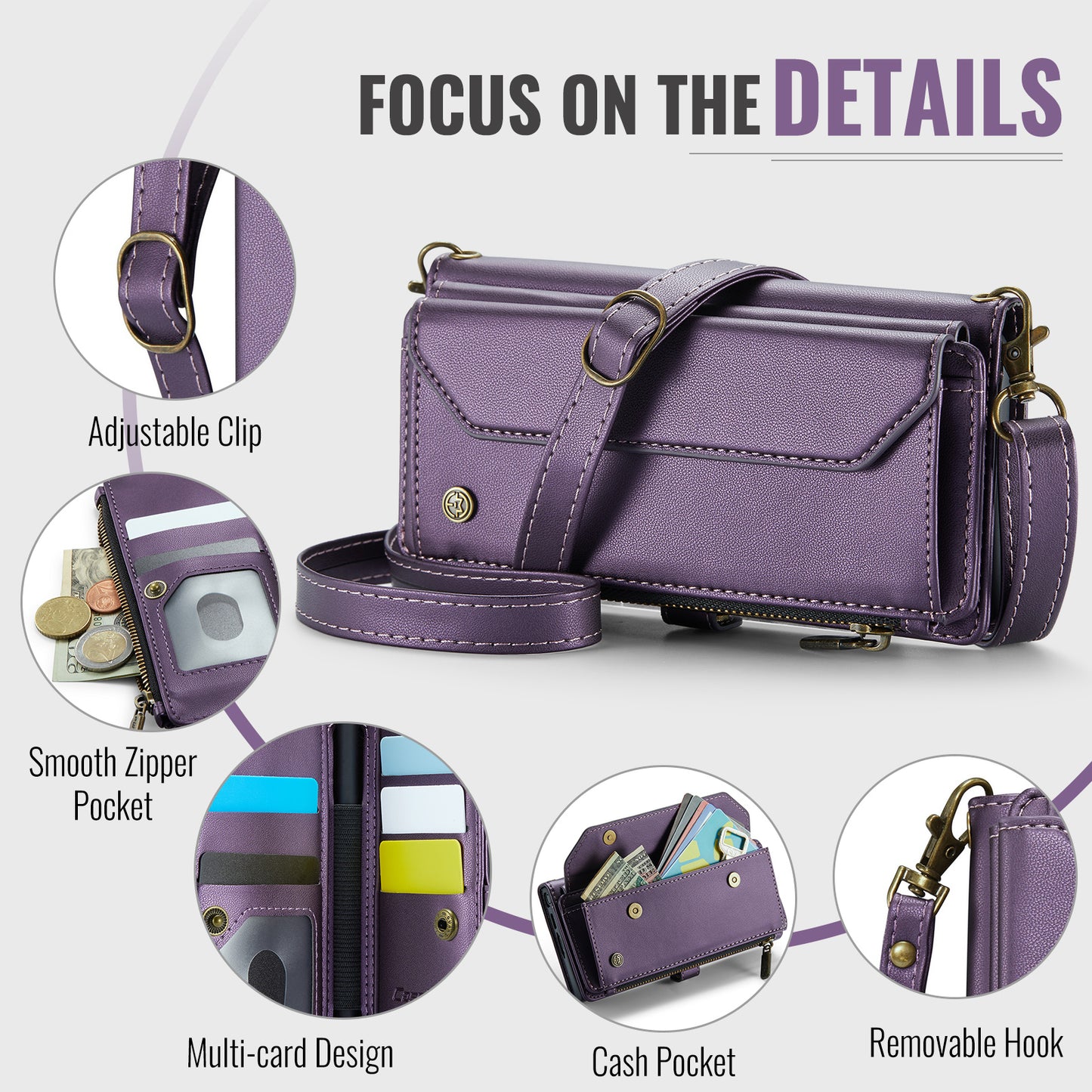 For Samsung Galaxy Z Fold7 5G Leather Case CASEME C36 Zipper 10 Card Slots Phone Cover with Straps - Purple