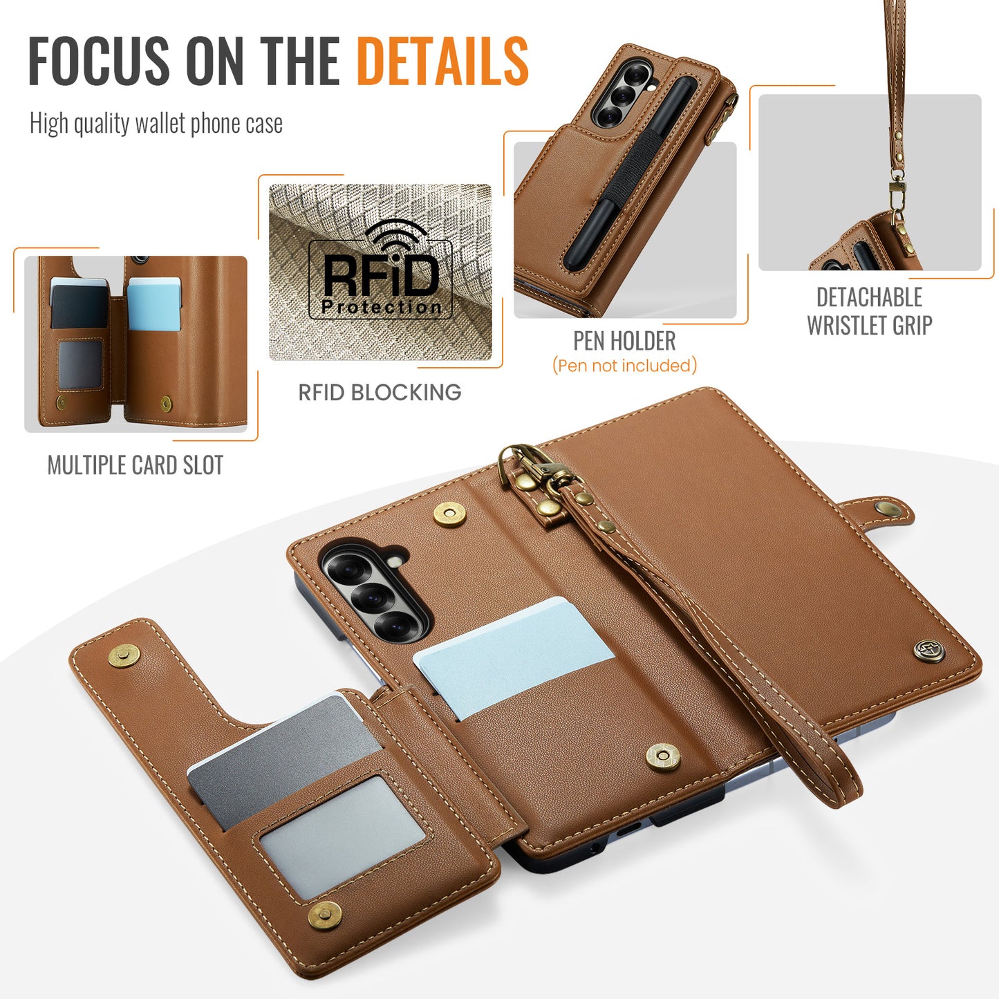 For Samsung Galaxy Z Fold7 5G Case with RFID Blocking 5 Card Slots CASEME C22 Leather Back Cover - Brown