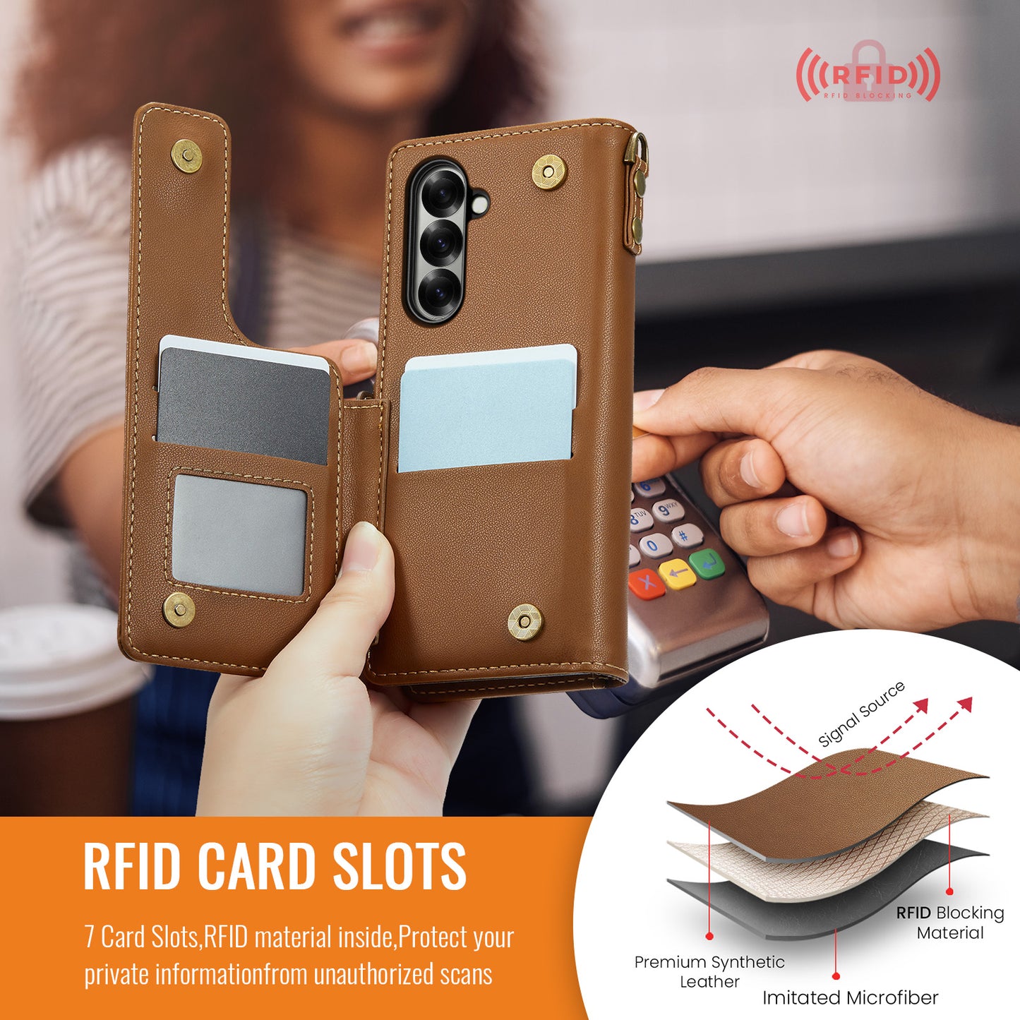 For Samsung Galaxy Z Fold7 5G Case with RFID Blocking 5 Card Slots CASEME C22 Leather Back Cover - Brown