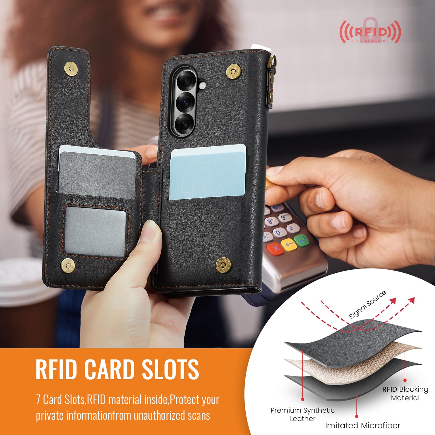 For Samsung Galaxy Z Fold7 5G Case with RFID Blocking 5 Card Slots CASEME C22 Leather Back Cover - Black