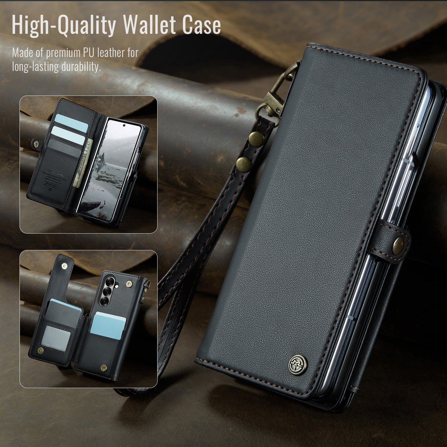 For Samsung Galaxy Z Fold7 5G Case with RFID Blocking 5 Card Slots CASEME C22 Leather Back Cover - Black