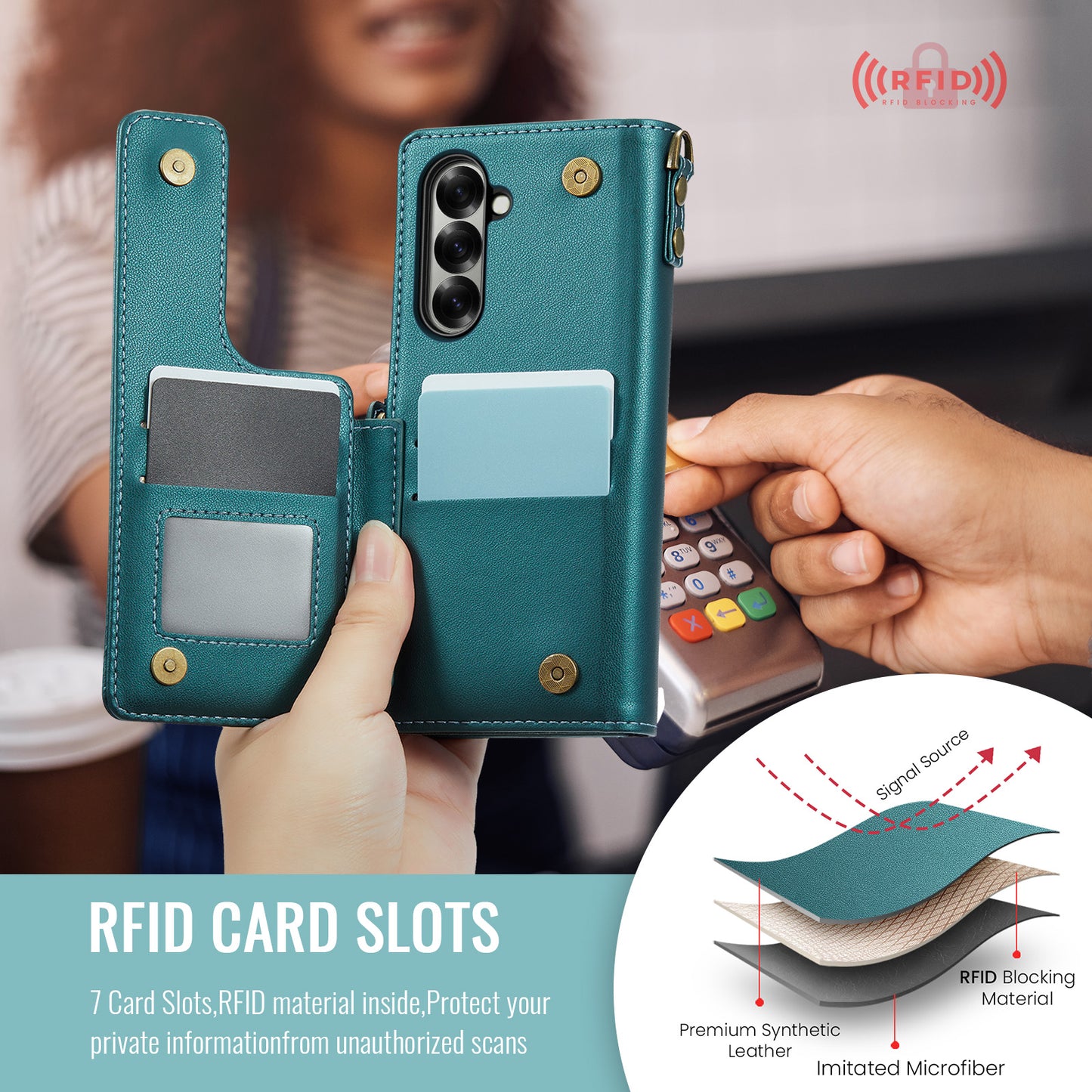 For Samsung Galaxy Z Fold7 5G Case with RFID Blocking 5 Card Slots CASEME C22 Leather Back Cover - Green