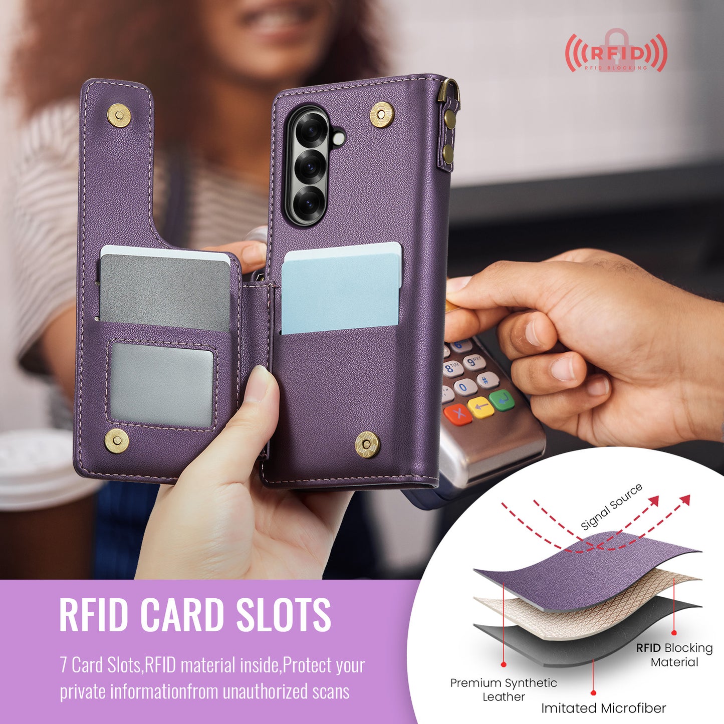 For Samsung Galaxy Z Fold7 5G Case with RFID Blocking 5 Card Slots CASEME C22 Leather Back Cover - Purple