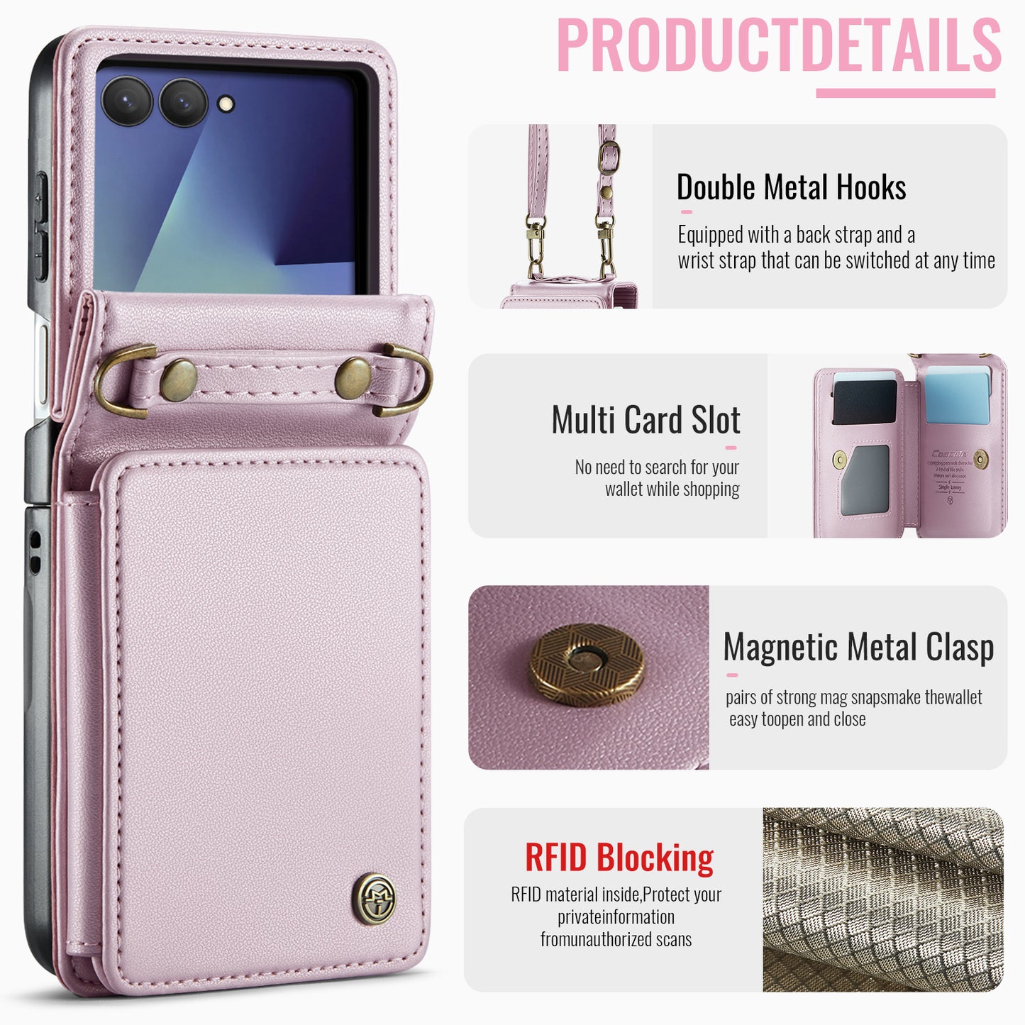 For Samsung Galaxy Z Flip7 5G Case with RFID Blocking 5 Card Slots CASEME C22 Leather Back Cover - Pink