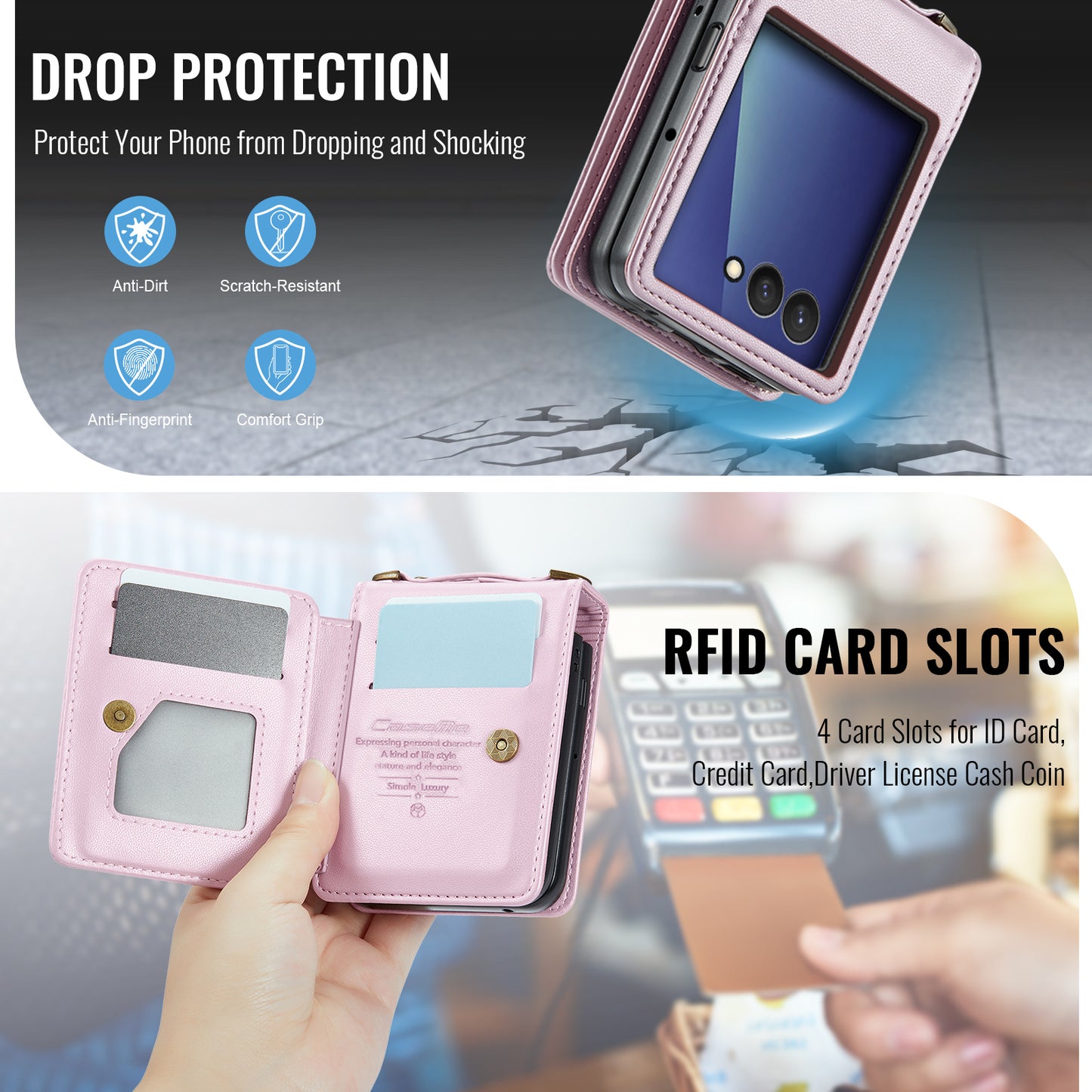 For Samsung Galaxy Z Flip7 5G Case with RFID Blocking 5 Card Slots CASEME C22 Leather Back Cover - Pink