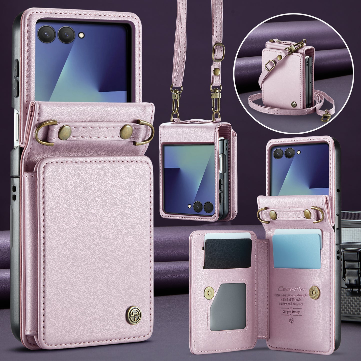 For Samsung Galaxy Z Flip7 5G Case with RFID Blocking 5 Card Slots CASEME C22 Leather Back Cover - Pink