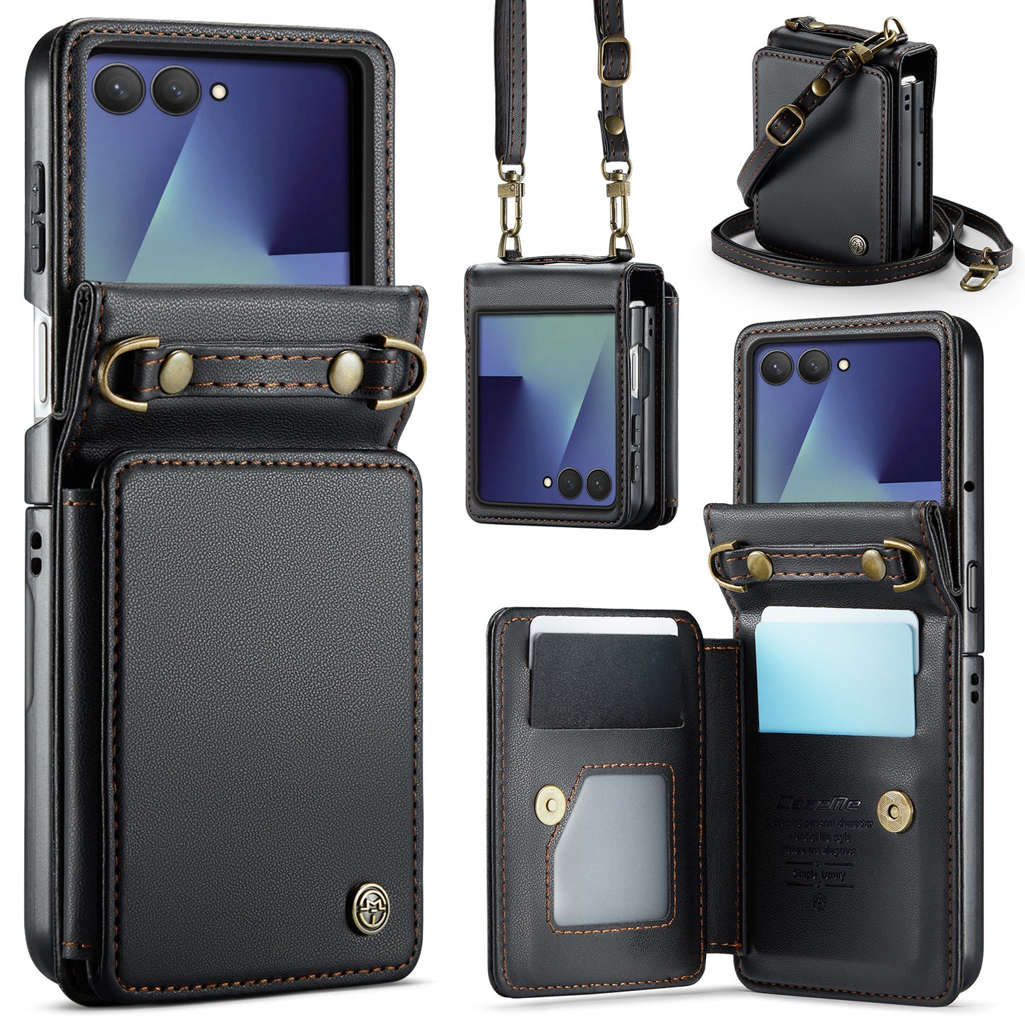 For Samsung Galaxy Z Flip7 5G Case with RFID Blocking 5 Card Slots CASEME C22 Leather Back Cover - Black