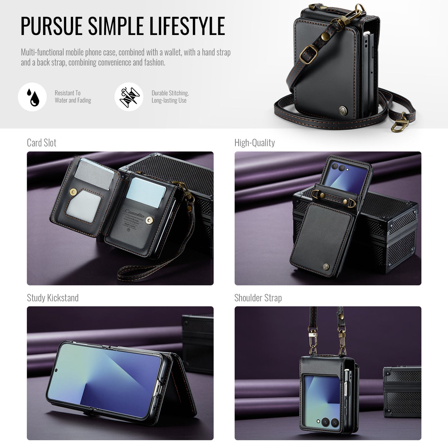 For Samsung Galaxy Z Flip7 5G Case with RFID Blocking 5 Card Slots CASEME C22 Leather Back Cover - Black