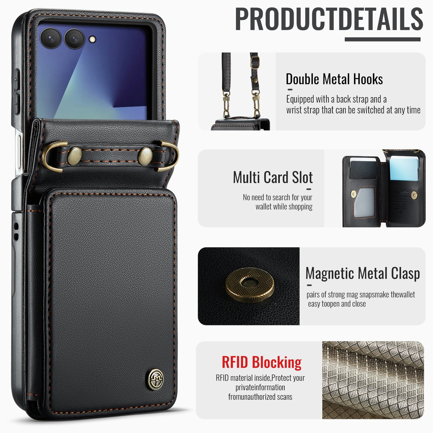 For Samsung Galaxy Z Flip7 5G Case with RFID Blocking 5 Card Slots CASEME C22 Leather Back Cover - Black