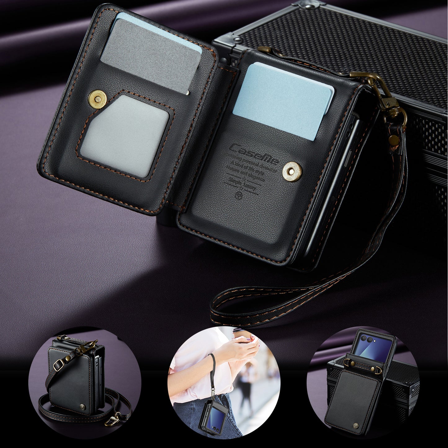 For Samsung Galaxy Z Flip7 5G Case with RFID Blocking 5 Card Slots CASEME C22 Leather Back Cover - Black
