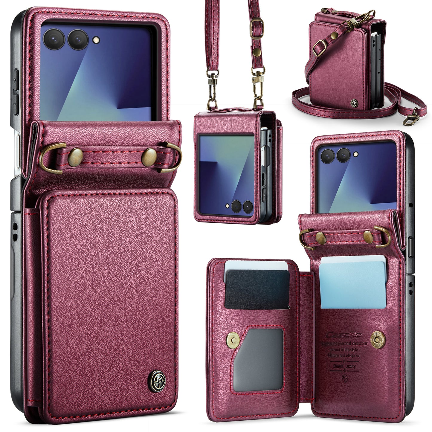 For Samsung Galaxy Z Flip7 5G Case with RFID Blocking 5 Card Slots CASEME C22 Leather Back Cover - Red