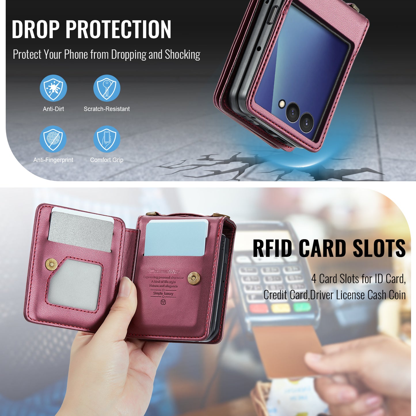 For Samsung Galaxy Z Flip7 5G Case with RFID Blocking 5 Card Slots CASEME C22 Leather Back Cover - Red