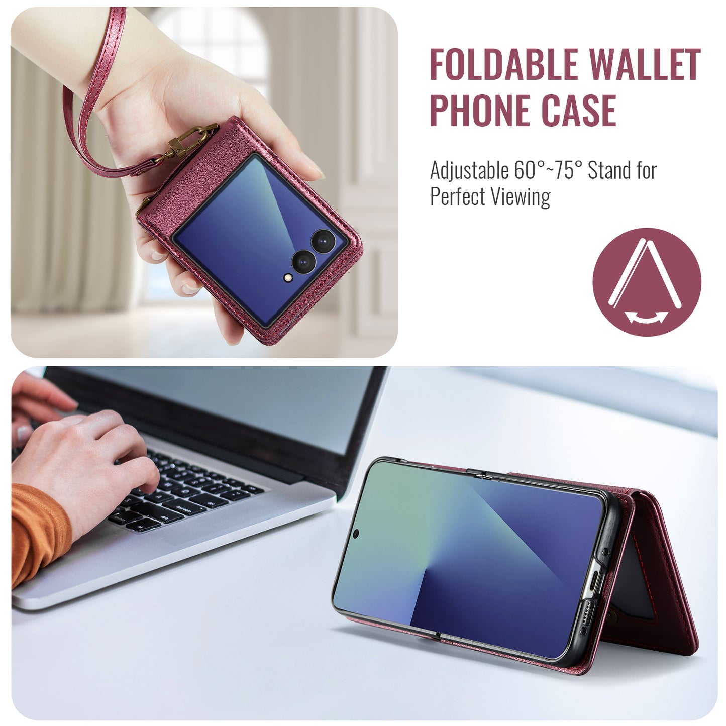For Samsung Galaxy Z Flip7 5G Case with RFID Blocking 5 Card Slots CASEME C22 Leather Back Cover - Red