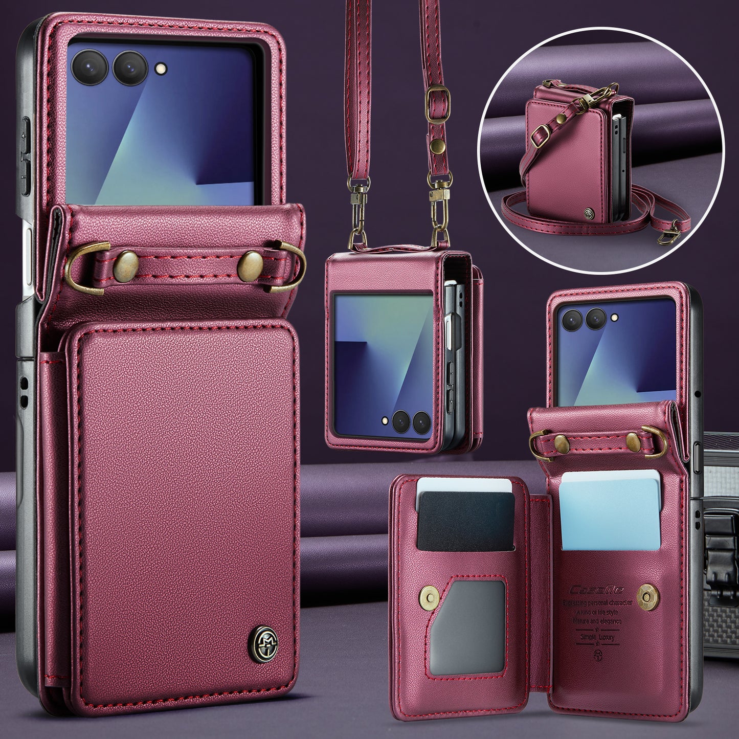 For Samsung Galaxy Z Flip7 5G Case with RFID Blocking 5 Card Slots CASEME C22 Leather Back Cover - Red