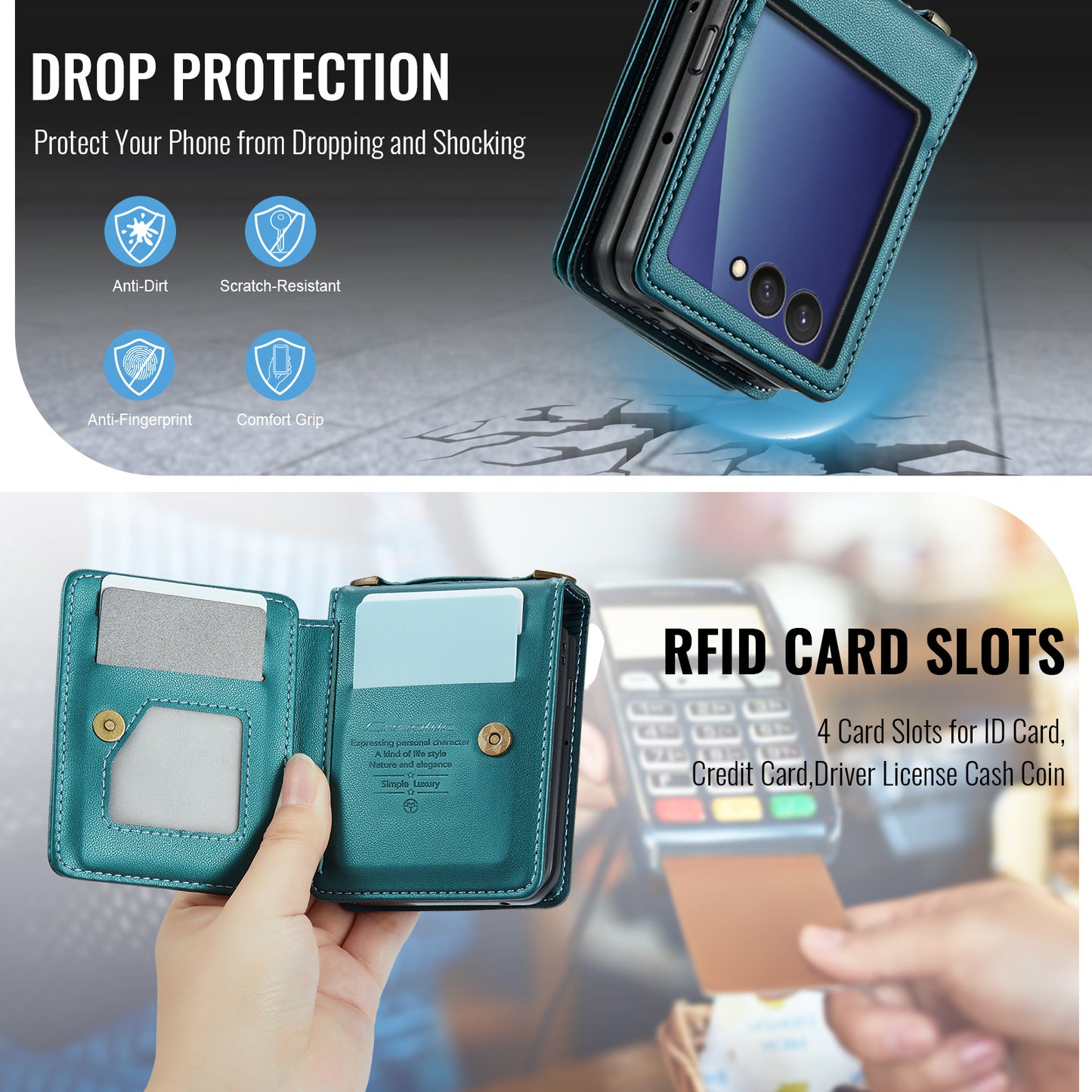 For Samsung Galaxy Z Flip7 5G Case with RFID Blocking 5 Card Slots CASEME C22 Leather Back Cover - Green