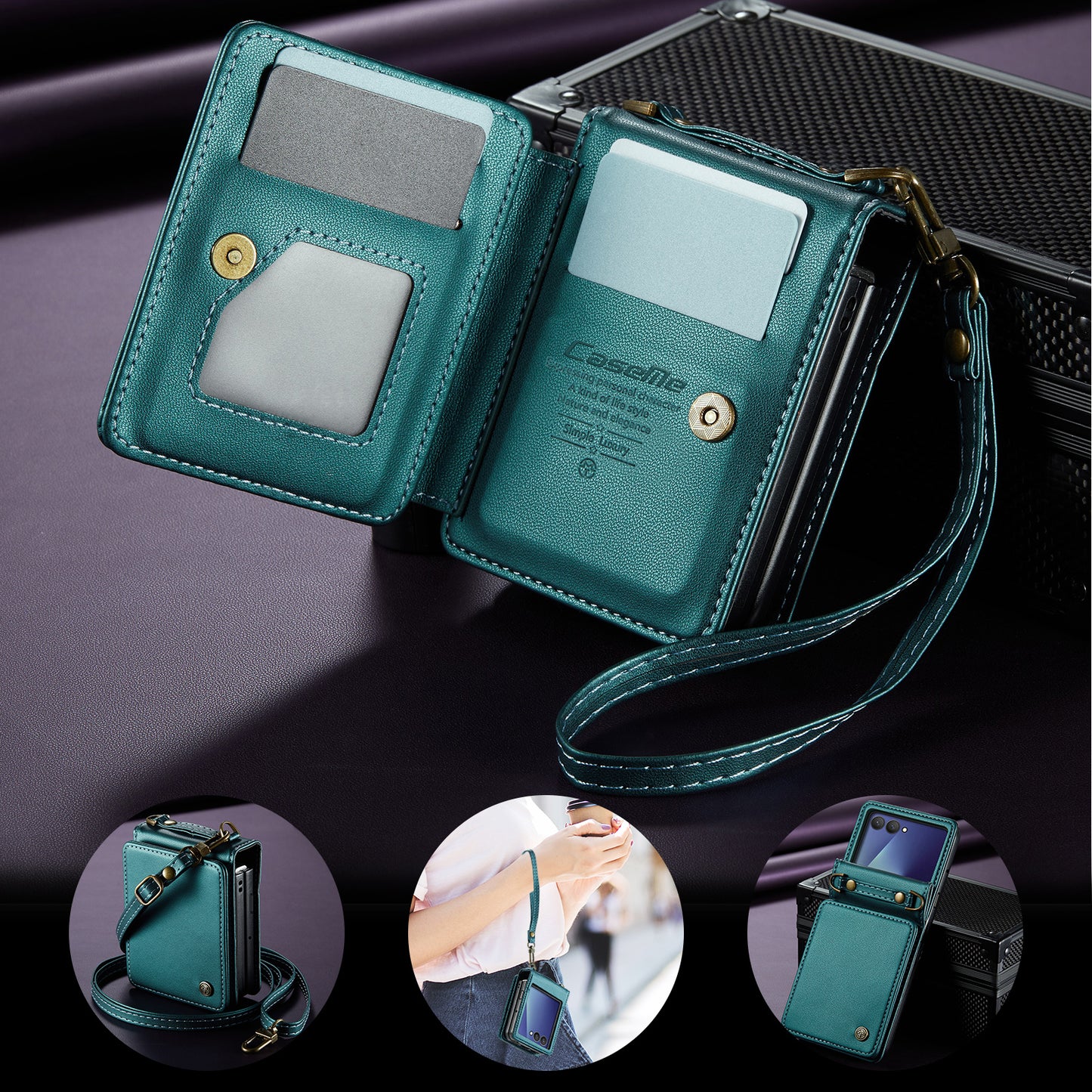 For Samsung Galaxy Z Flip7 5G Case with RFID Blocking 5 Card Slots CASEME C22 Leather Back Cover - Green