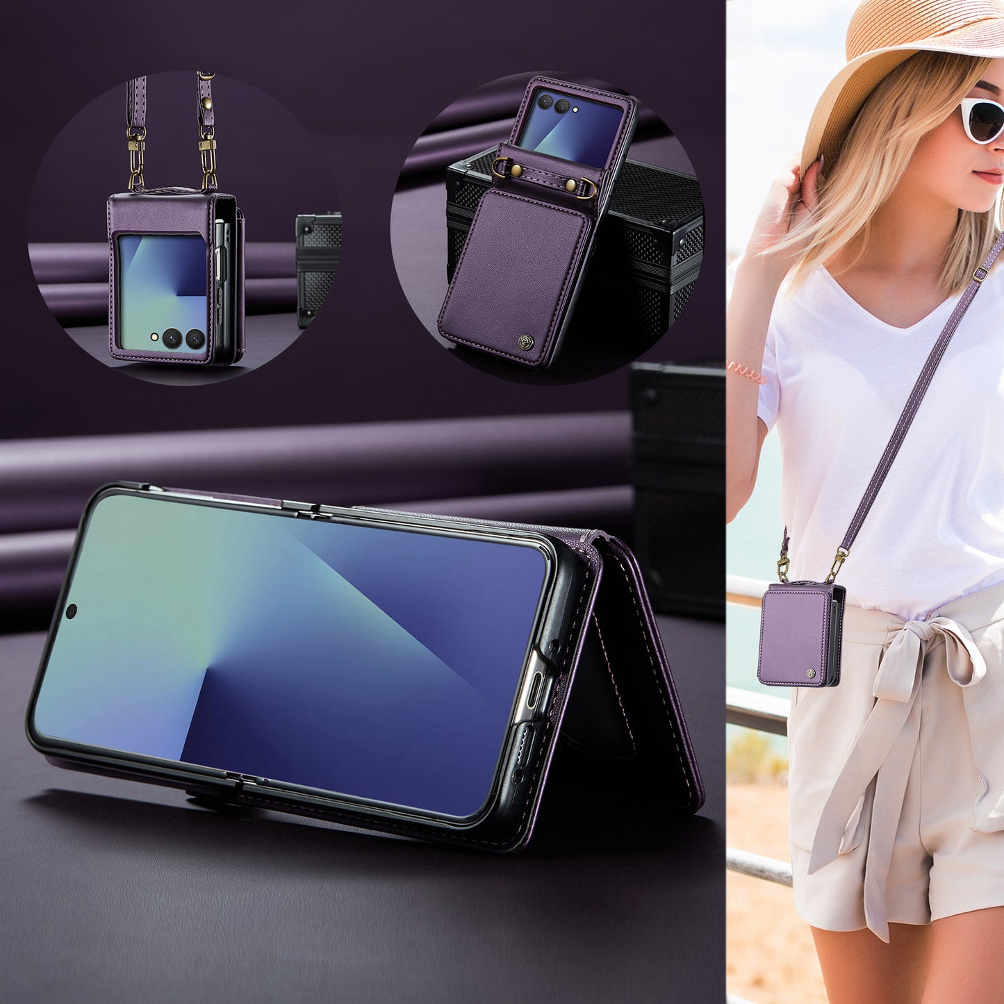 For Samsung Galaxy Z Flip7 5G Case with RFID Blocking 5 Card Slots CASEME C22 Leather Back Cover - Purple