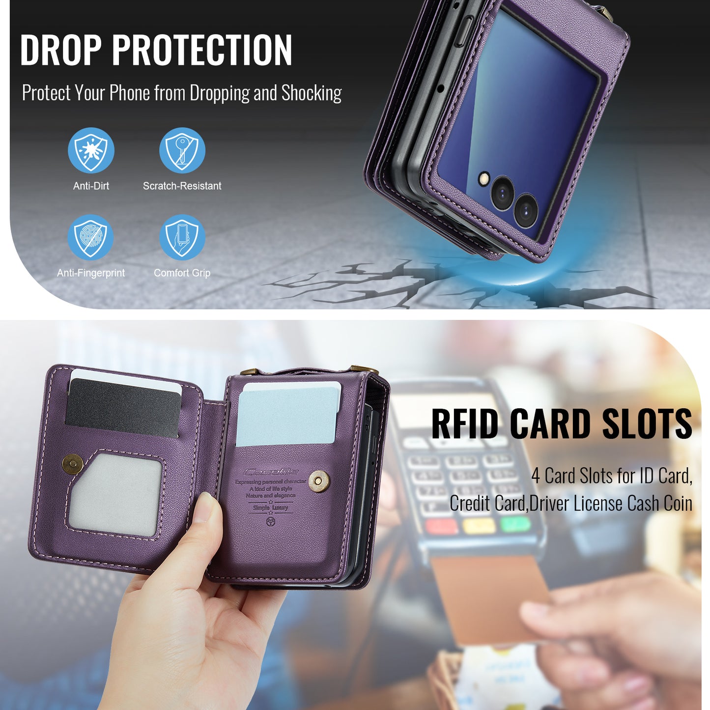 For Samsung Galaxy Z Flip7 5G Case with RFID Blocking 5 Card Slots CASEME C22 Leather Back Cover - Purple