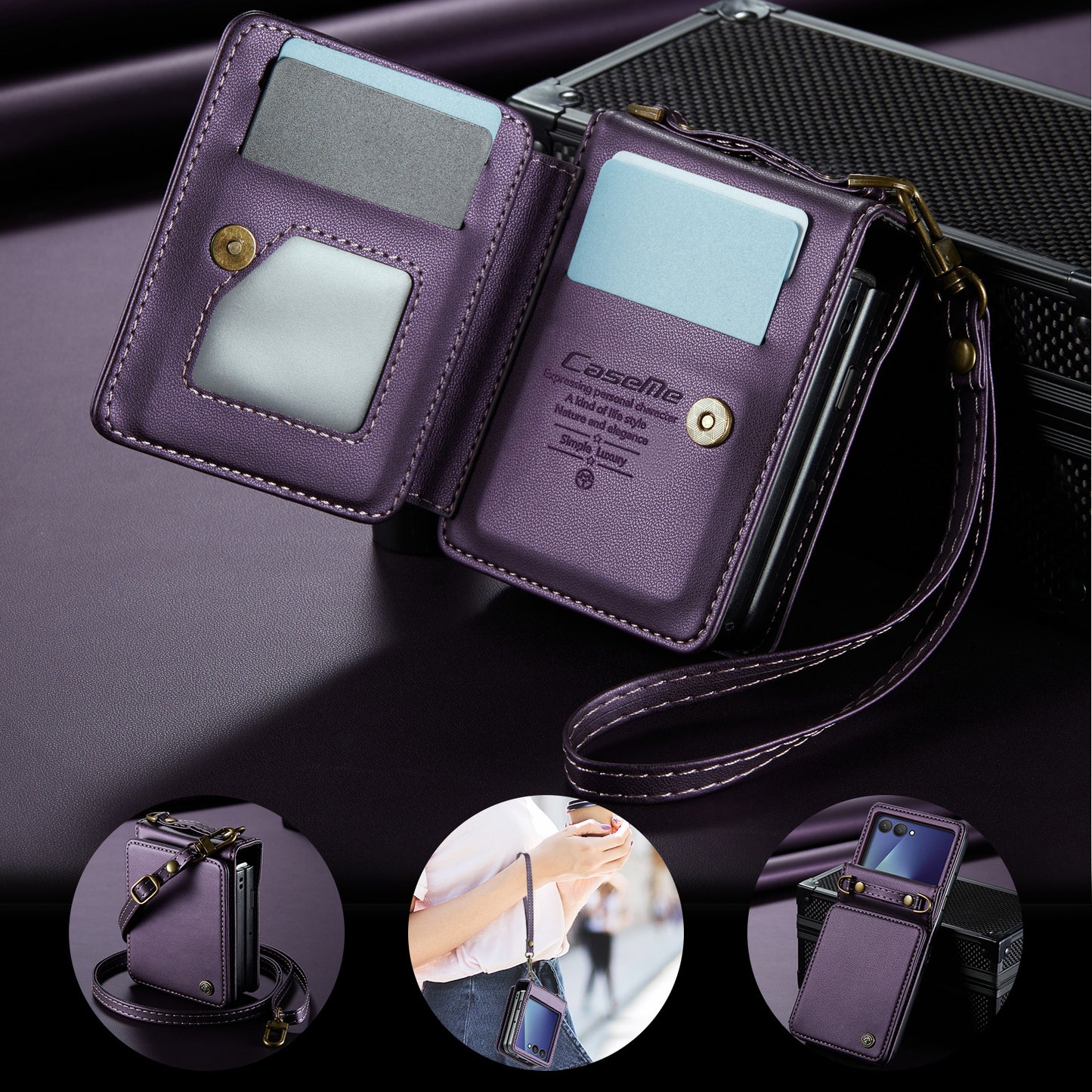 For Samsung Galaxy Z Flip7 5G Case with RFID Blocking 5 Card Slots CASEME C22 Leather Back Cover - Purple