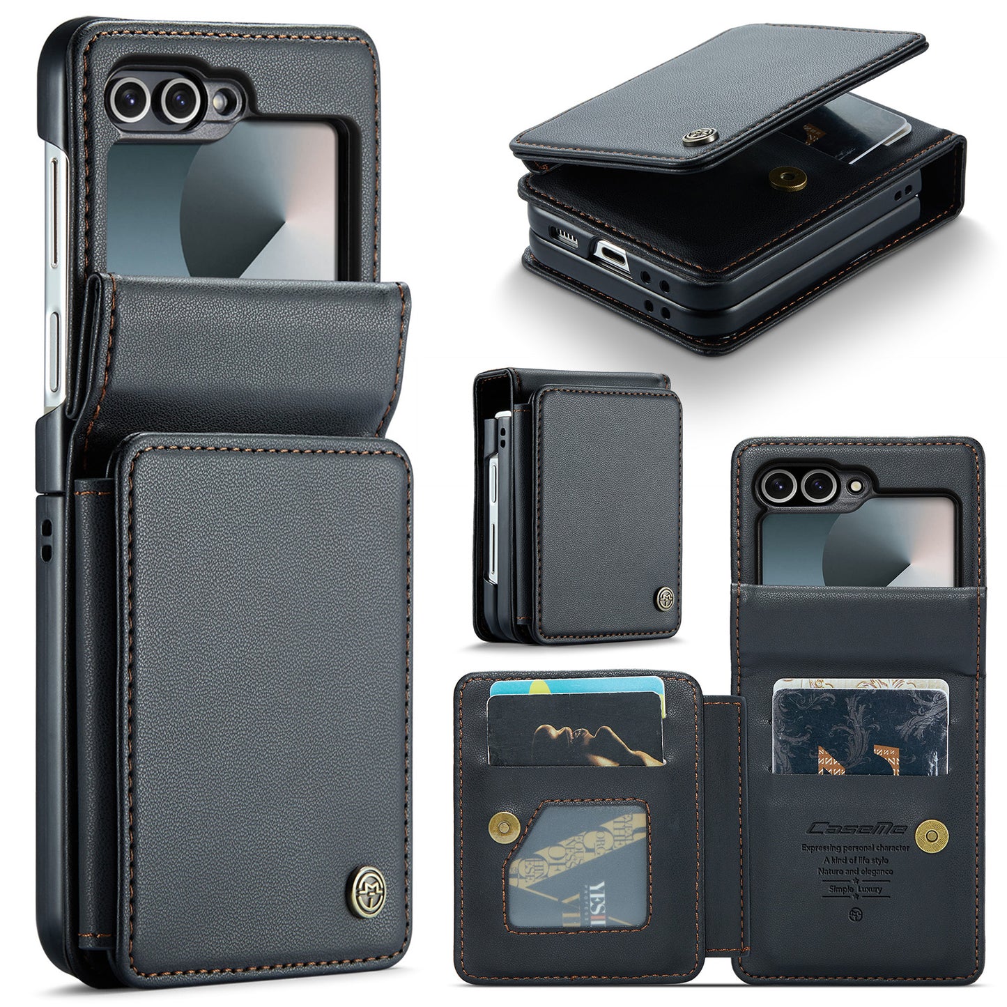 For Samsung Galaxy Z Flip7 FE 5G Case with RFID Blocking 5 Card Slots CASEME C22 Leather Back Cover - Black