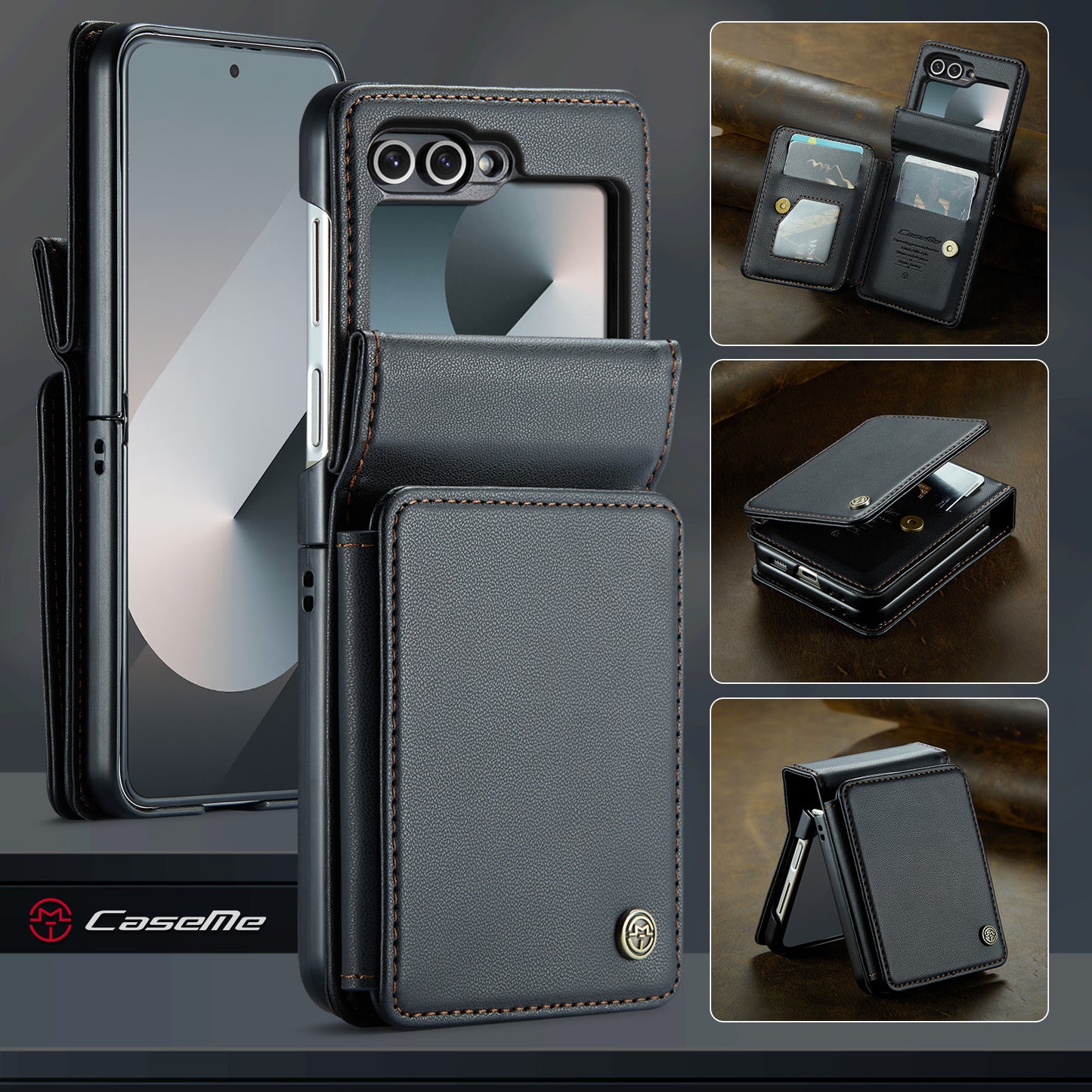 For Samsung Galaxy Z Flip7 FE 5G Case with RFID Blocking 5 Card Slots CASEME C22 Leather Back Cover - Black