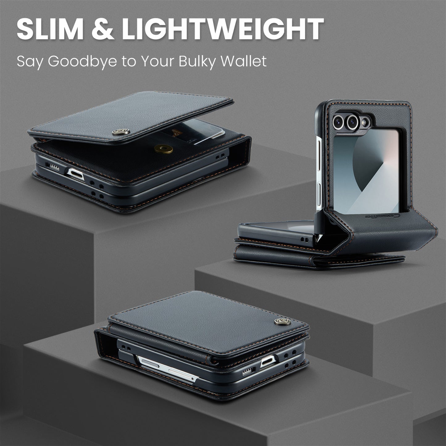 For Samsung Galaxy Z Flip7 FE 5G Case with RFID Blocking 5 Card Slots CASEME C22 Leather Back Cover - Black