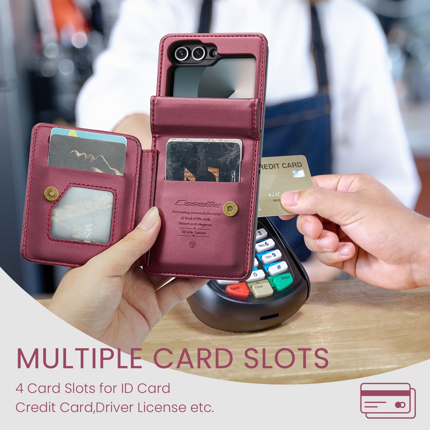 For Samsung Galaxy Z Flip7 FE 5G Case with RFID Blocking 5 Card Slots CASEME C22 Leather Back Cover - Red