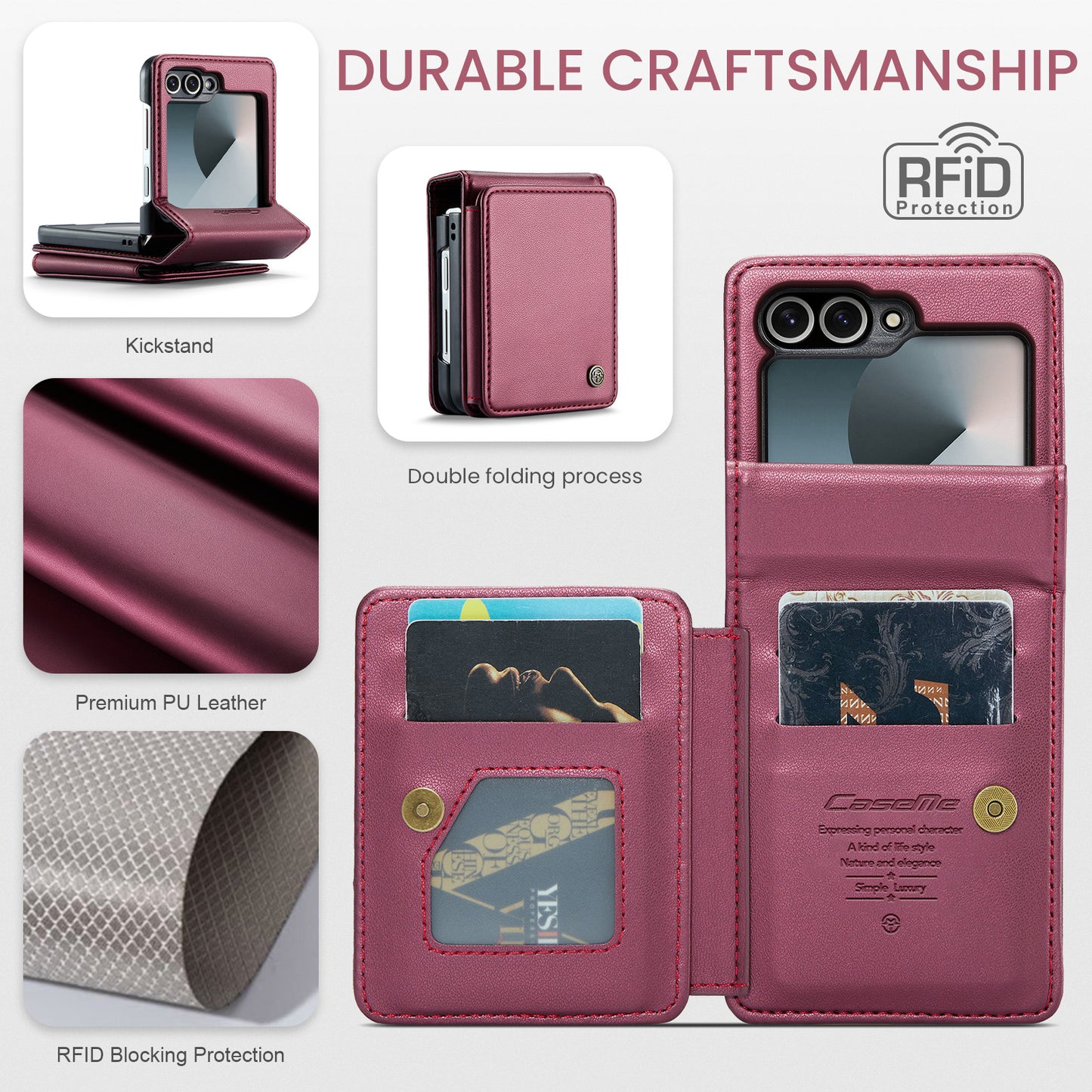 For Samsung Galaxy Z Flip7 FE 5G Case with RFID Blocking 5 Card Slots CASEME C22 Leather Back Cover - Red