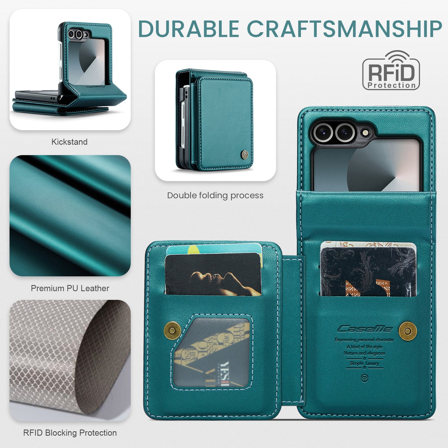 For Samsung Galaxy Z Flip7 FE 5G Case with RFID Blocking 5 Card Slots CASEME C22 Leather Back Cover - Green