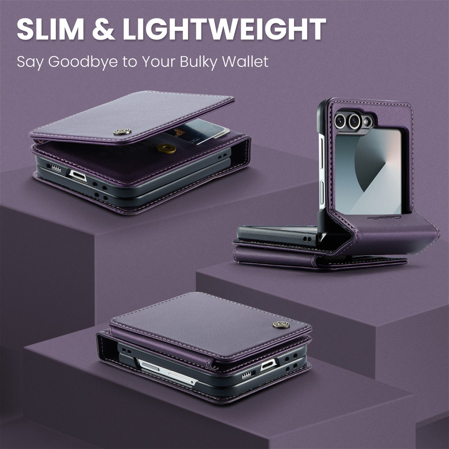For Samsung Galaxy Z Flip7 FE 5G Case with RFID Blocking 5 Card Slots CASEME C22 Leather Back Cover - Purple