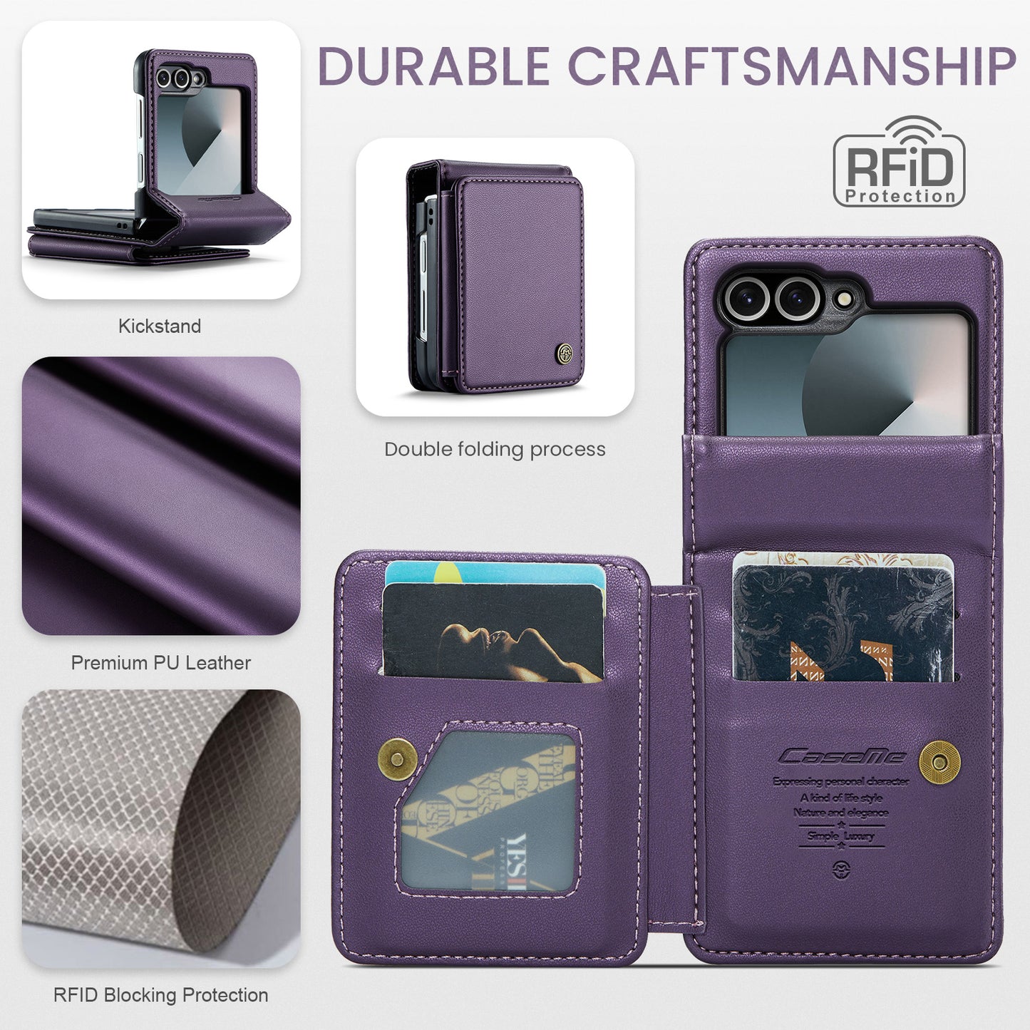 For Samsung Galaxy Z Flip7 FE 5G Case with RFID Blocking 5 Card Slots CASEME C22 Leather Back Cover - Purple