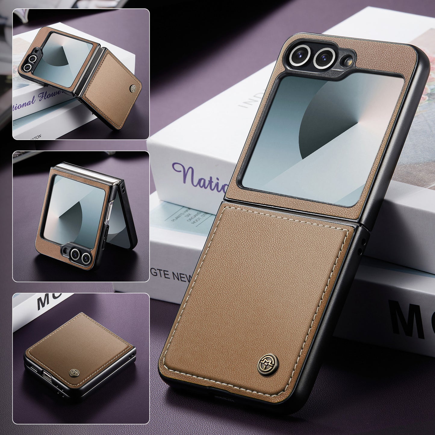 For Samsung Galaxy Z Flip7 FE 5G Case CASEME 023 Series RFID Blocking Glossy Stand Phone Cover - Brown