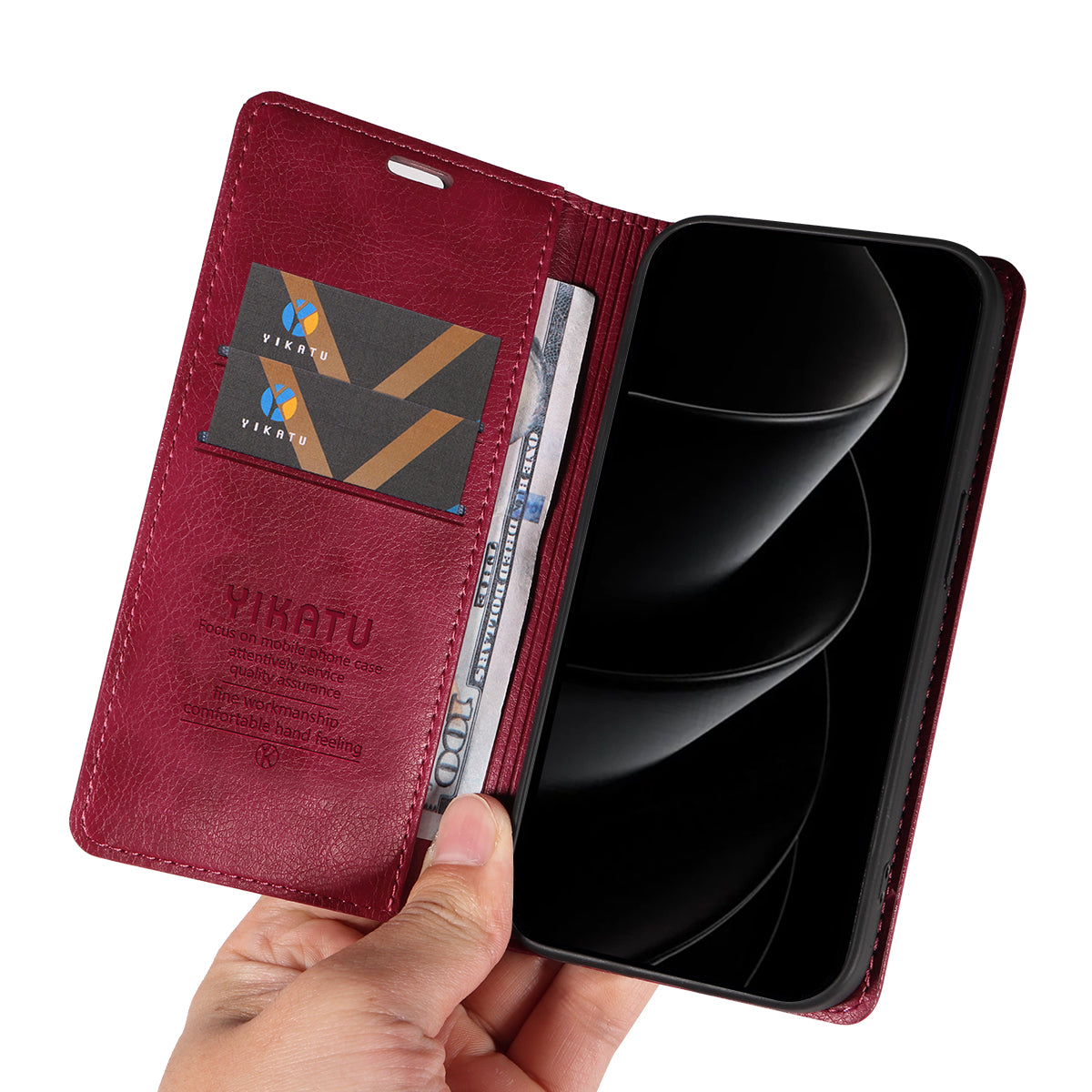 For iPhone 17 Pro Max Wallet Case YIKATU YK-006 Magnetic Closure Leather Phone Cover Litchi Texture - Wine Red