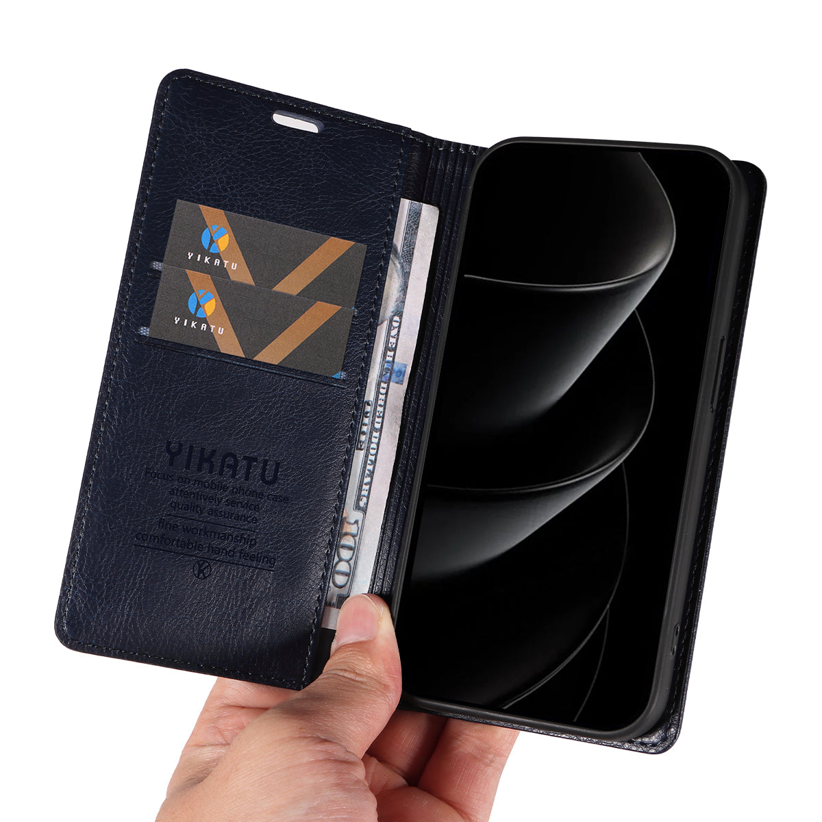 For iPhone 17 Pro Max Wallet Case YIKATU YK-006 Magnetic Closure Leather Phone Cover Litchi Texture - Navy Blue