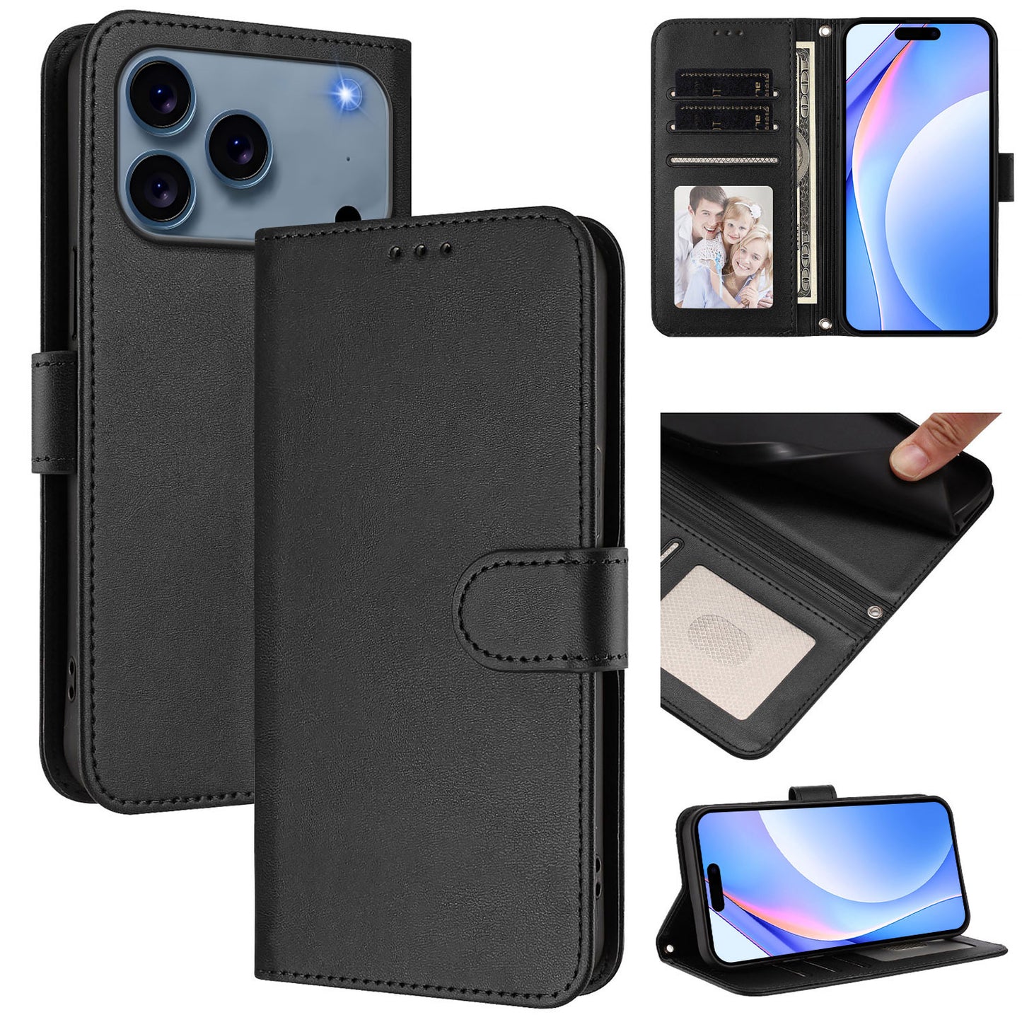 For iPhone 17 Pro Max Wallet Case RFID Blocking Calf Texture Leather Stand Phone Cover with Strap - Black