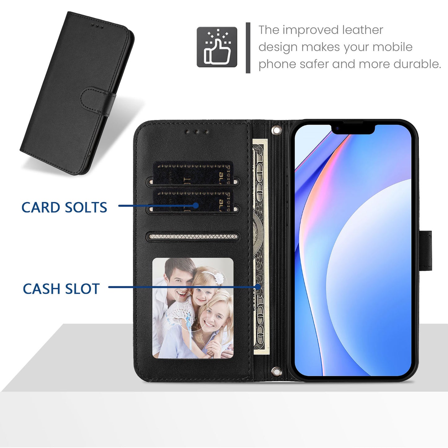 For iPhone 17 Pro Max Wallet Case RFID Blocking Calf Texture Leather Stand Phone Cover with Strap - Black