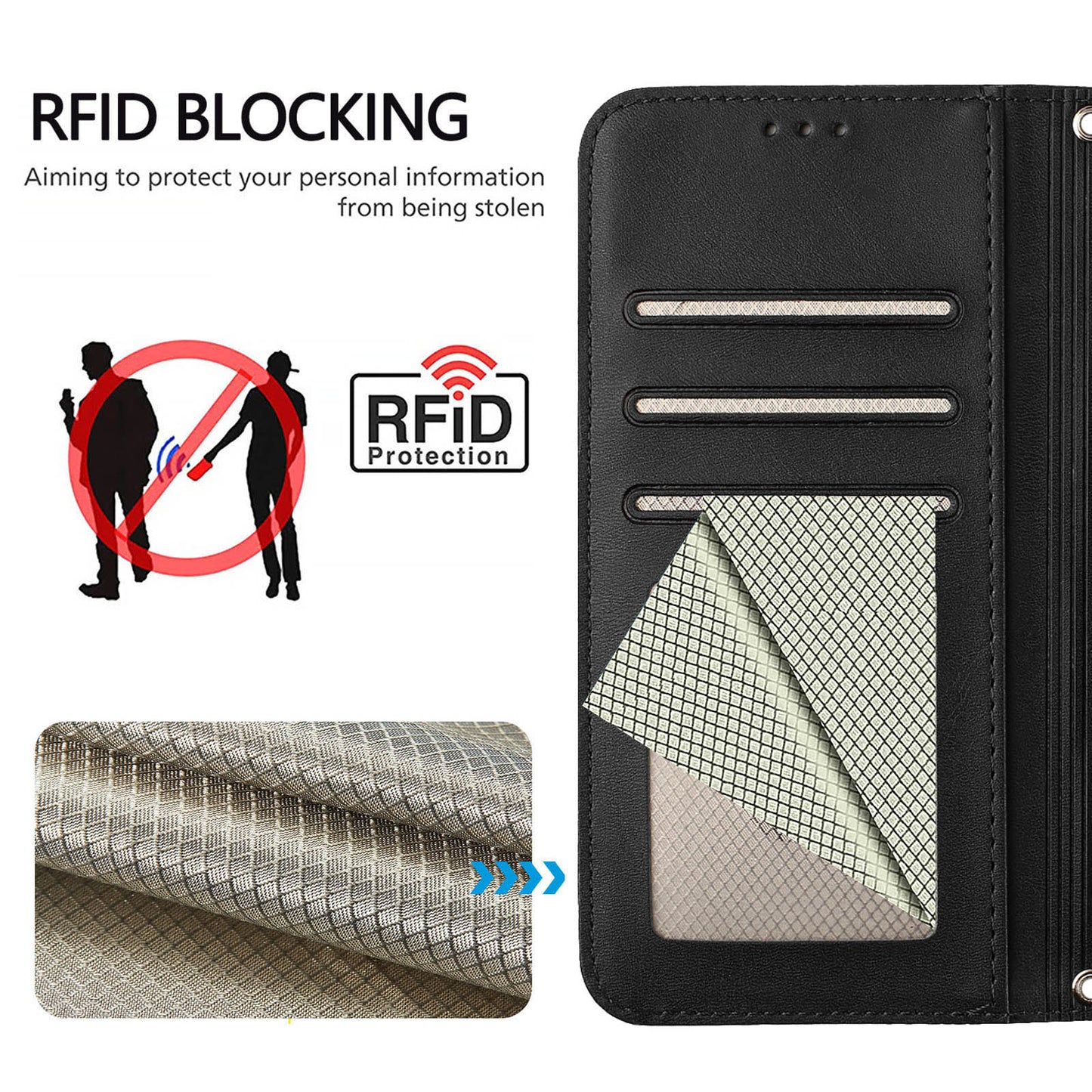 For iPhone 17 Pro Max Wallet Case RFID Blocking Calf Texture Leather Stand Phone Cover with Strap - Black