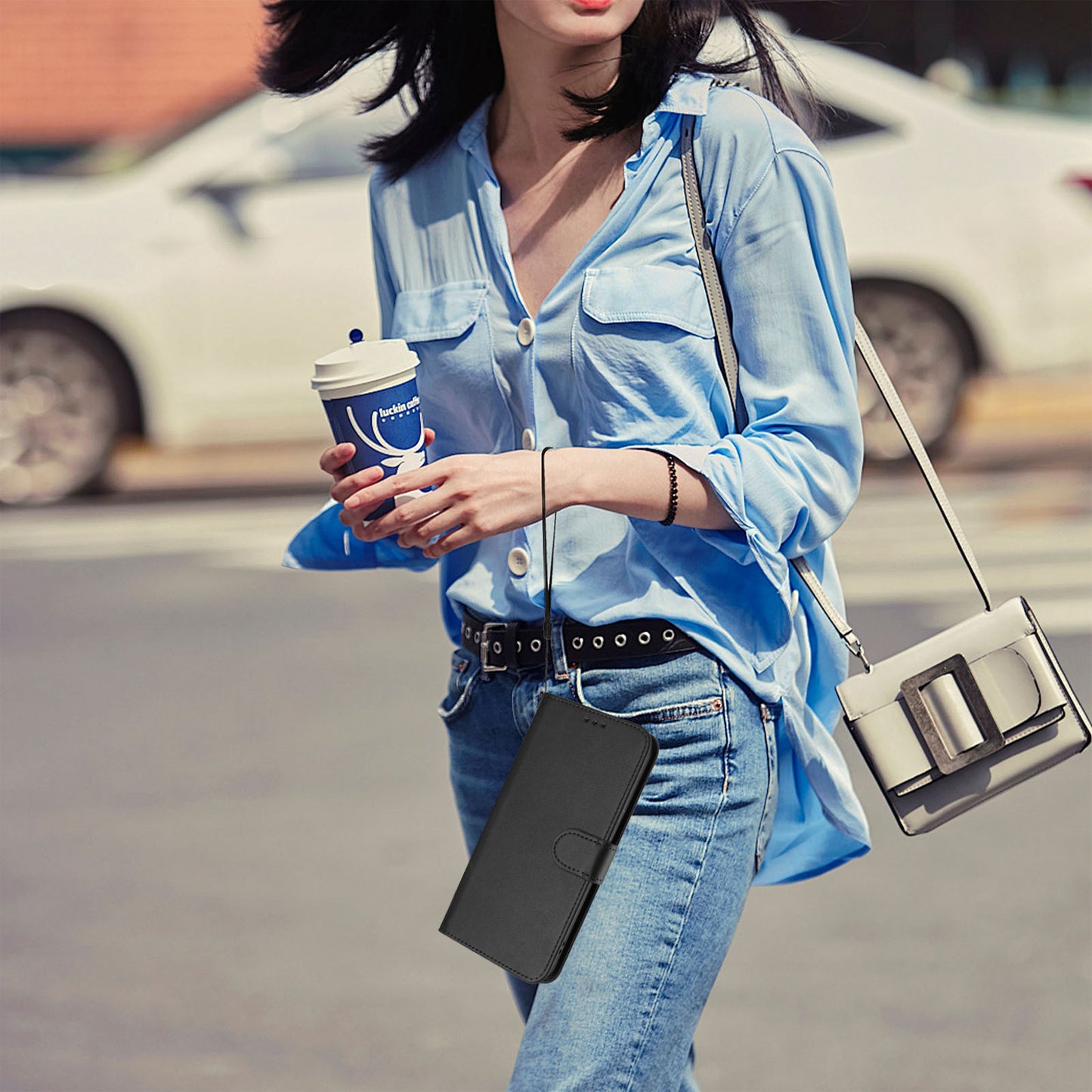 For iPhone 17 Pro Max Wallet Case RFID Blocking Calf Texture Leather Stand Phone Cover with Strap - Black