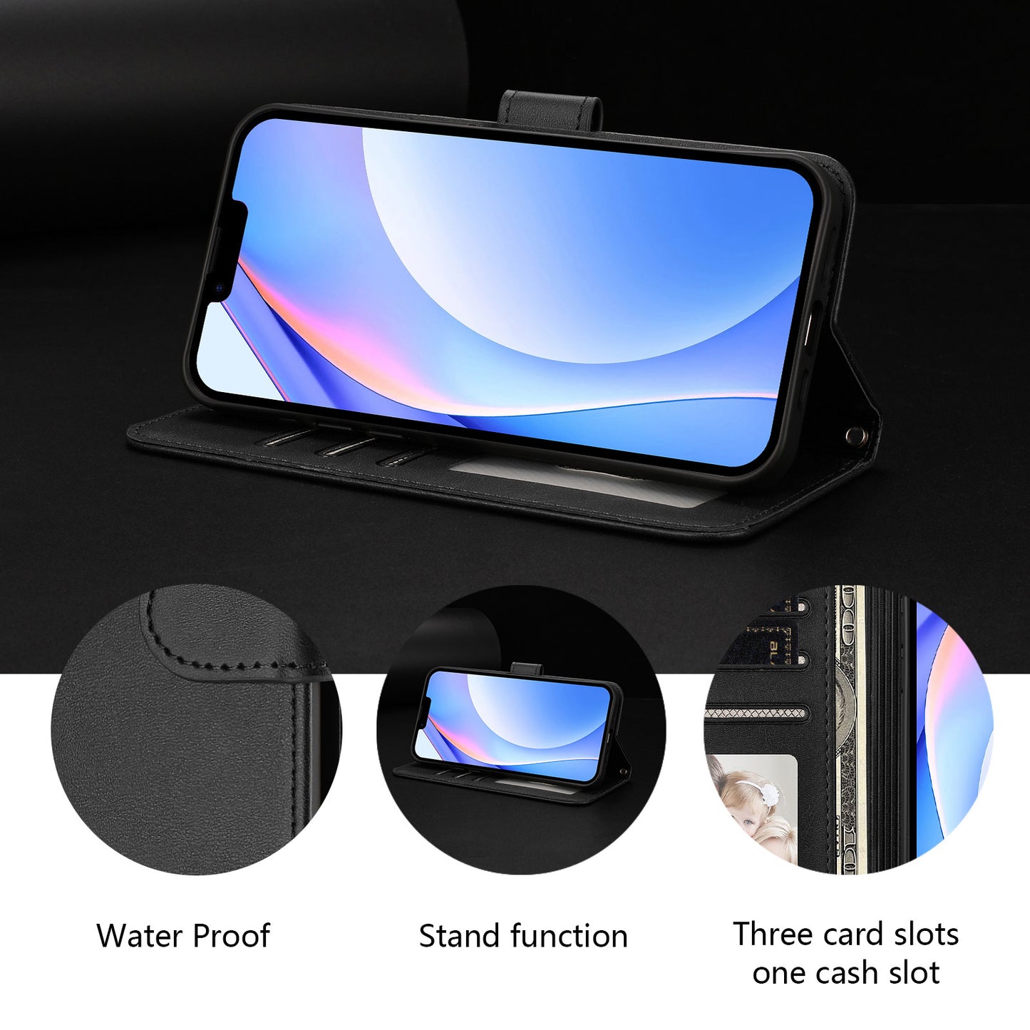 For iPhone 17 Pro Max Wallet Case RFID Blocking Calf Texture Leather Stand Phone Cover with Strap - Black