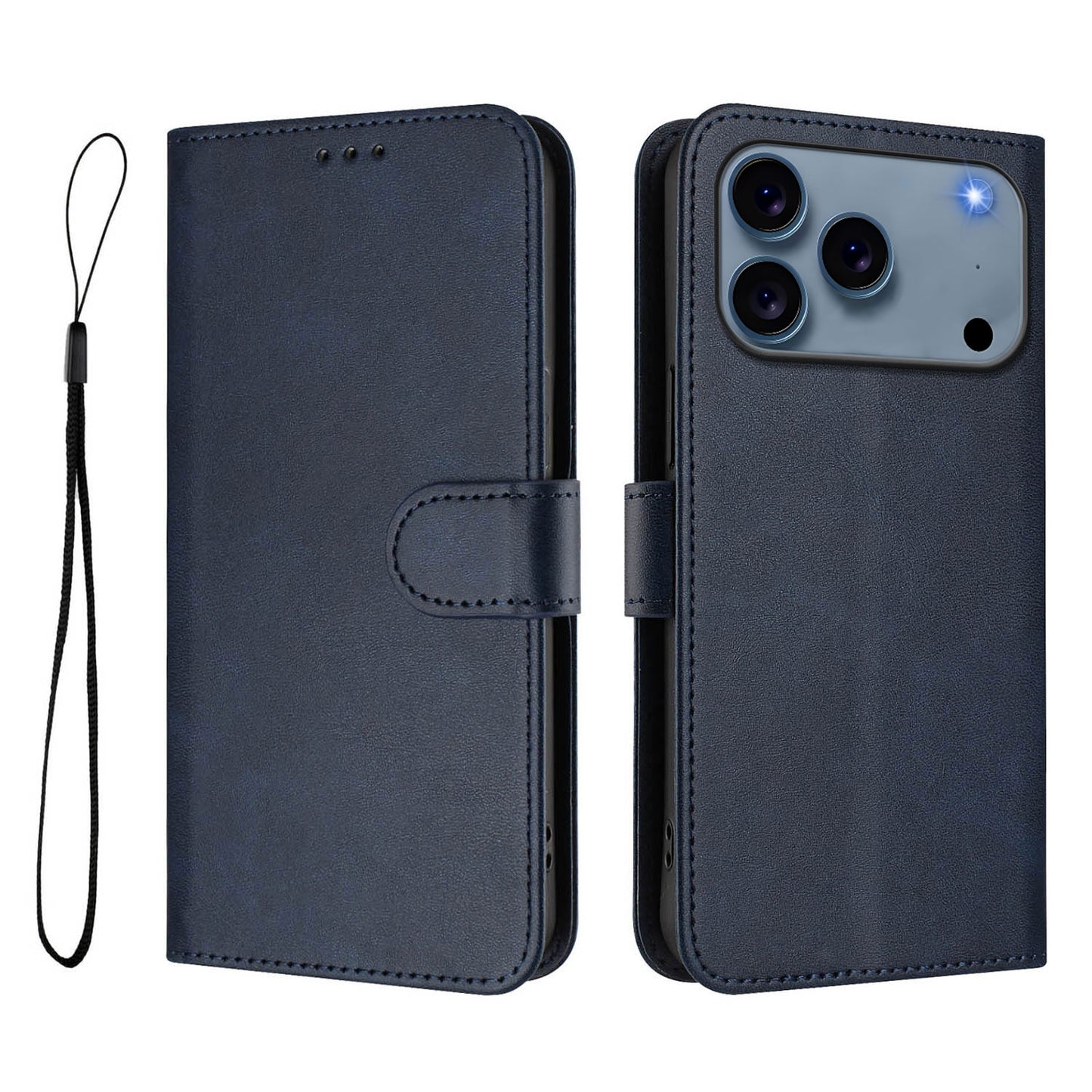 For iPhone 17 Pro Max Wallet Case RFID Blocking Calf Texture Leather Stand Phone Cover with Strap - Blue