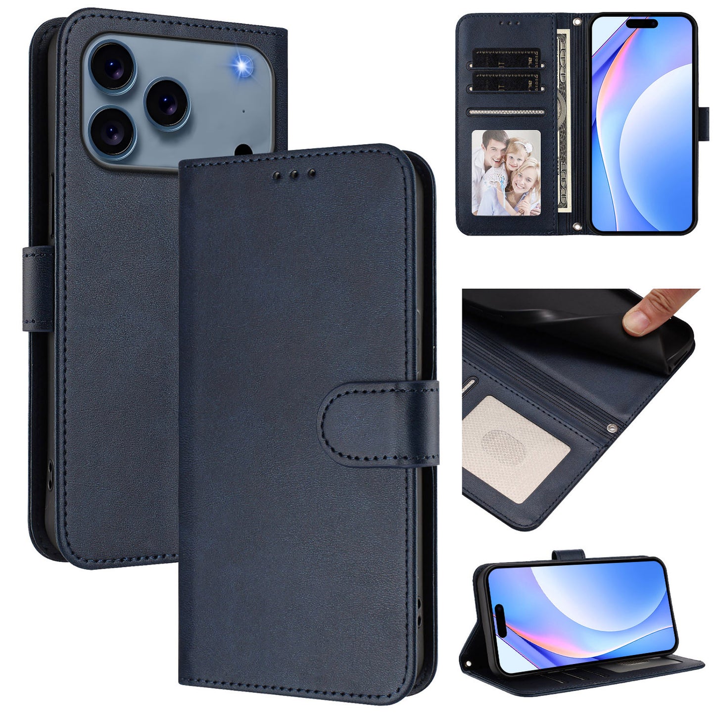 For iPhone 17 Pro Max Wallet Case RFID Blocking Calf Texture Leather Stand Phone Cover with Strap - Blue