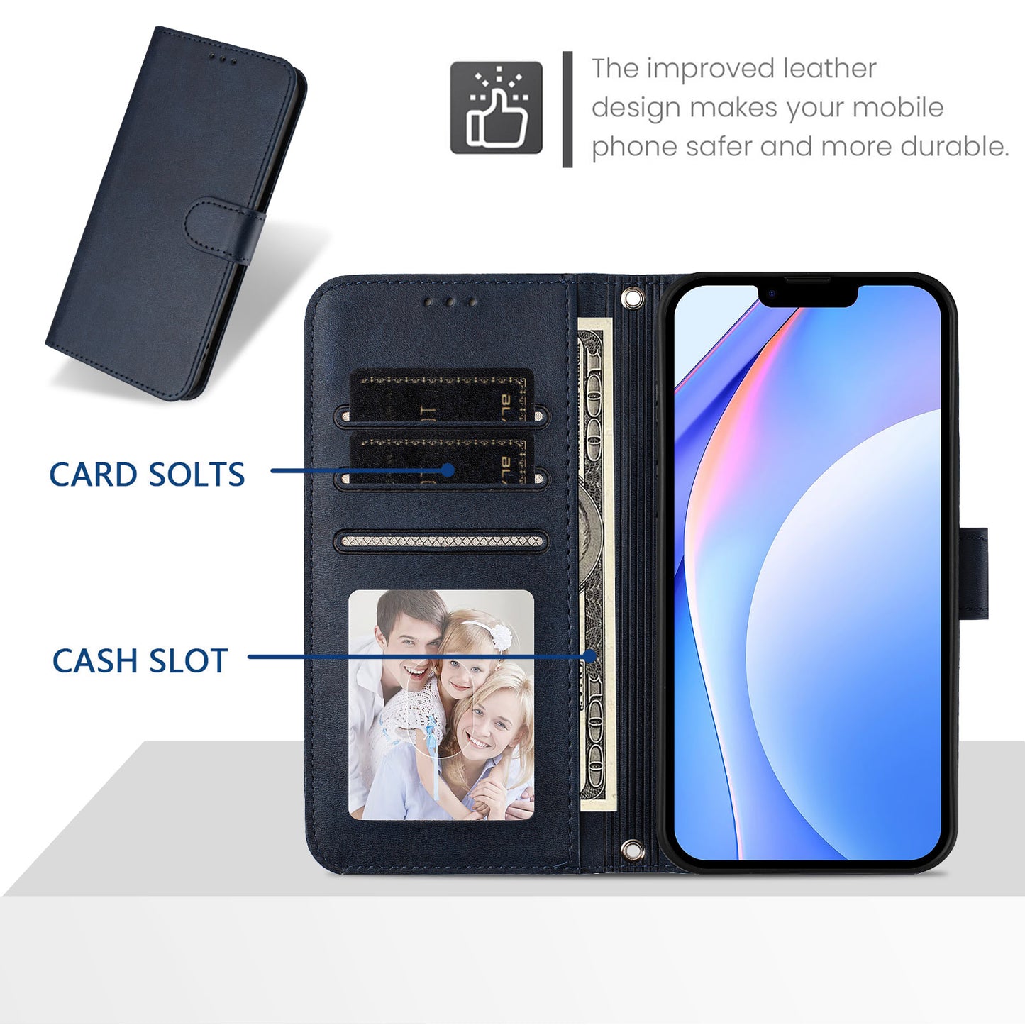For iPhone 17 Pro Max Wallet Case RFID Blocking Calf Texture Leather Stand Phone Cover with Strap - Blue