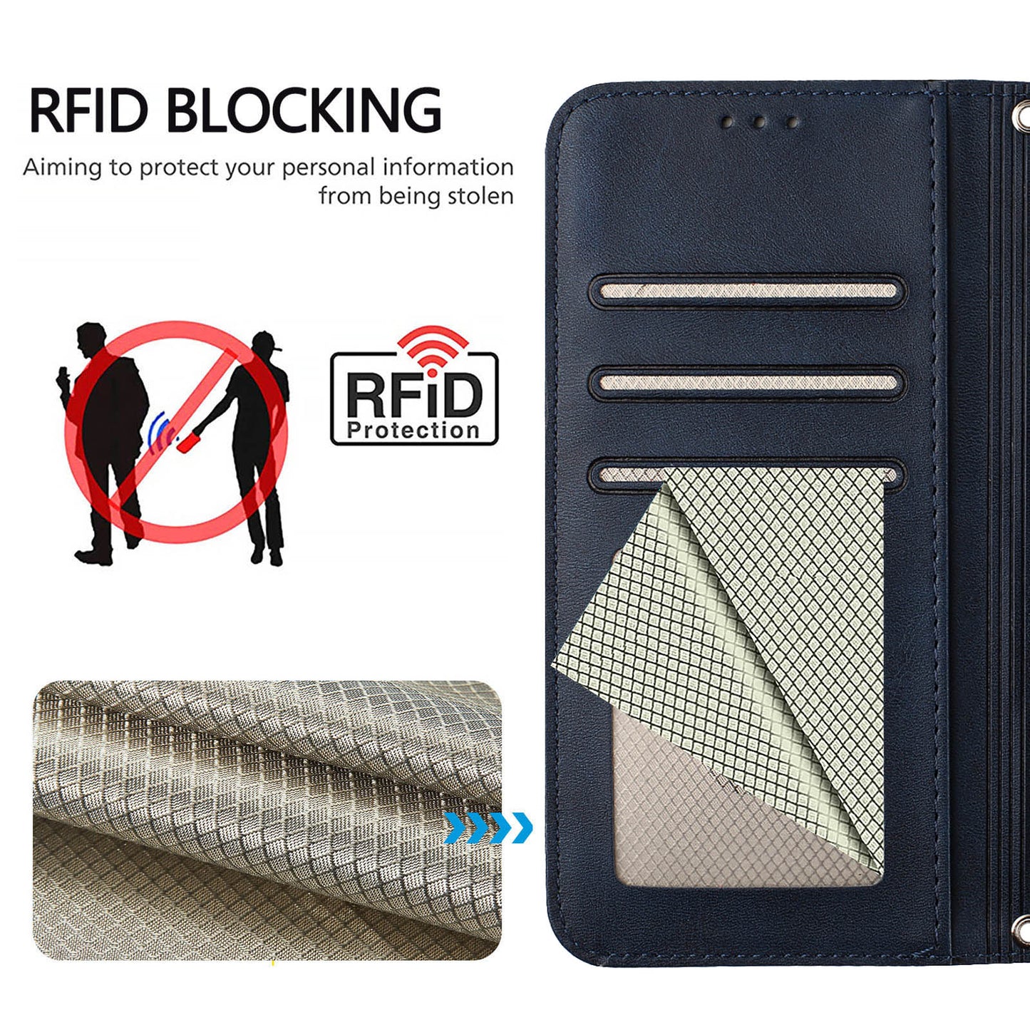 For iPhone 17 Pro Max Wallet Case RFID Blocking Calf Texture Leather Stand Phone Cover with Strap - Blue