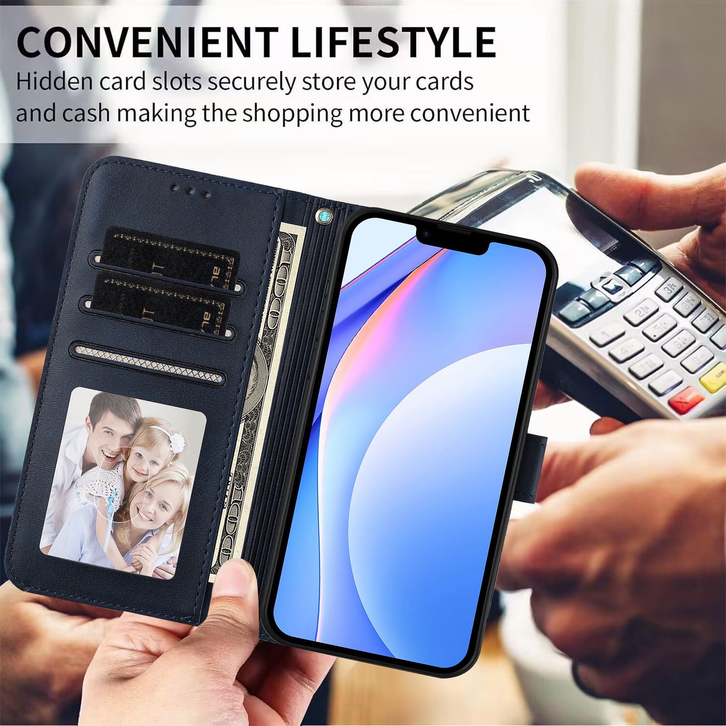 For iPhone 17 Pro Max Wallet Case RFID Blocking Calf Texture Leather Stand Phone Cover with Strap - Blue