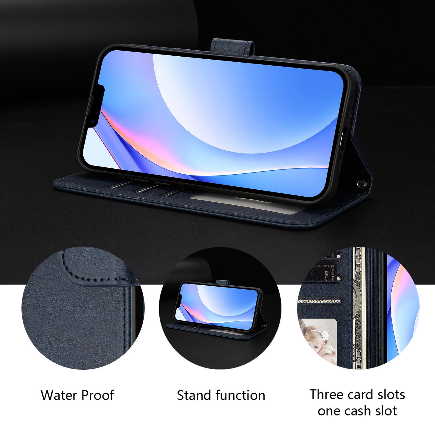 For iPhone 17 Pro Max Wallet Case RFID Blocking Calf Texture Leather Stand Phone Cover with Strap - Blue