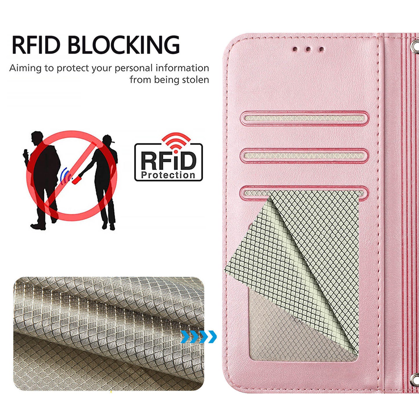 For iPhone 17 Pro Max Wallet Case RFID Blocking Calf Texture Leather Stand Phone Cover with Strap - Pink