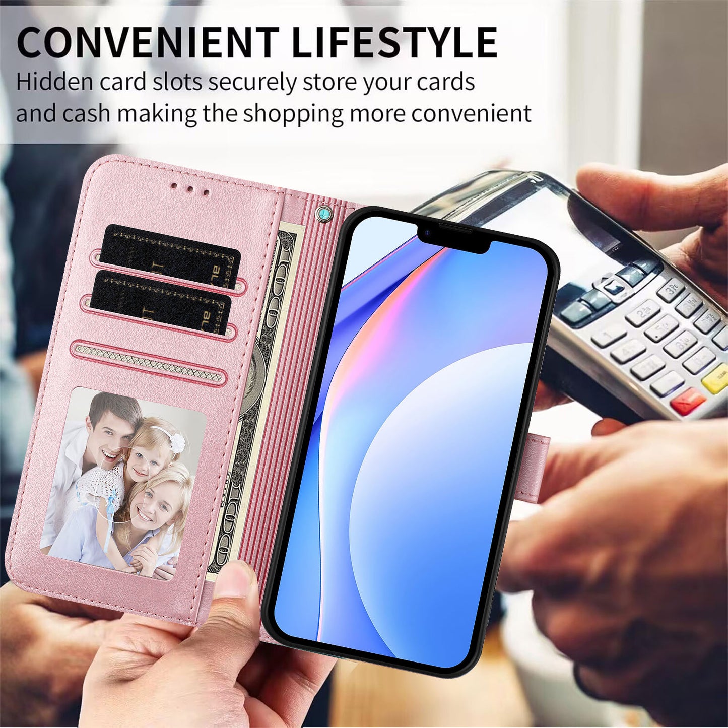 For iPhone 17 Pro Max Wallet Case RFID Blocking Calf Texture Leather Stand Phone Cover with Strap - Pink