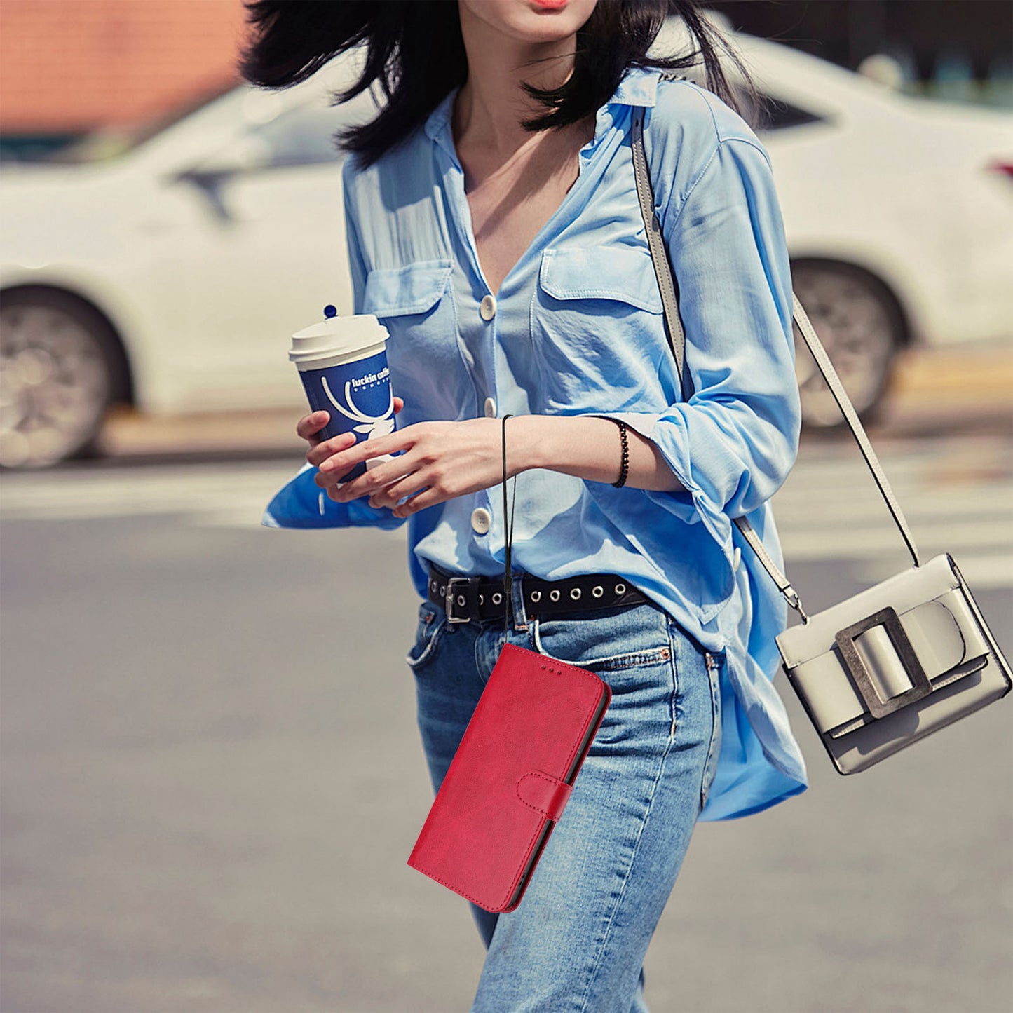 For iPhone 17 Pro Max Wallet Case RFID Blocking Calf Texture Leather Stand Phone Cover with Strap - Rose