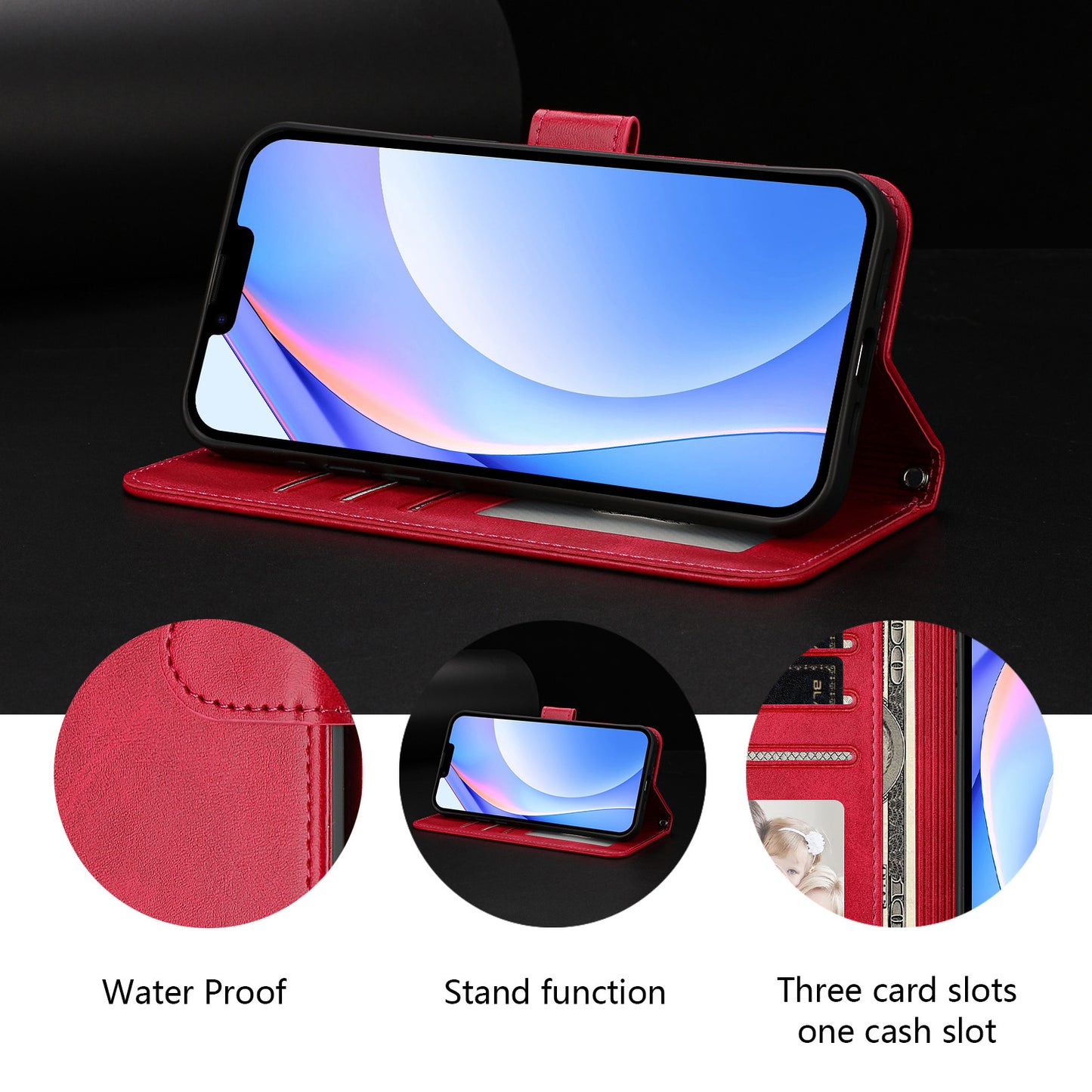 For iPhone 17 Pro Max Wallet Case RFID Blocking Calf Texture Leather Stand Phone Cover with Strap - Rose